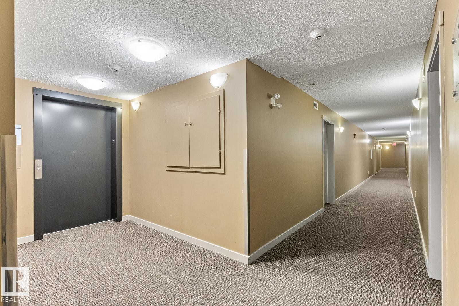Common area with textured carpet flooring, cream-painted walls, and ceiling-mounted lighting fixtures - #208 18122 77 St Nw, Edmonton, AB