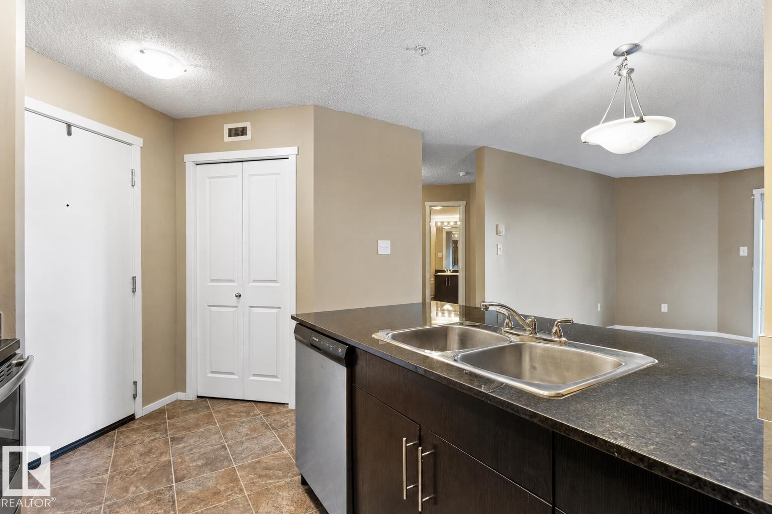 Kitchen featuring a double stainless steel sink, dark cabinetry, and dark countertops - #208 18122 77 St Nw, Edmonton, AB