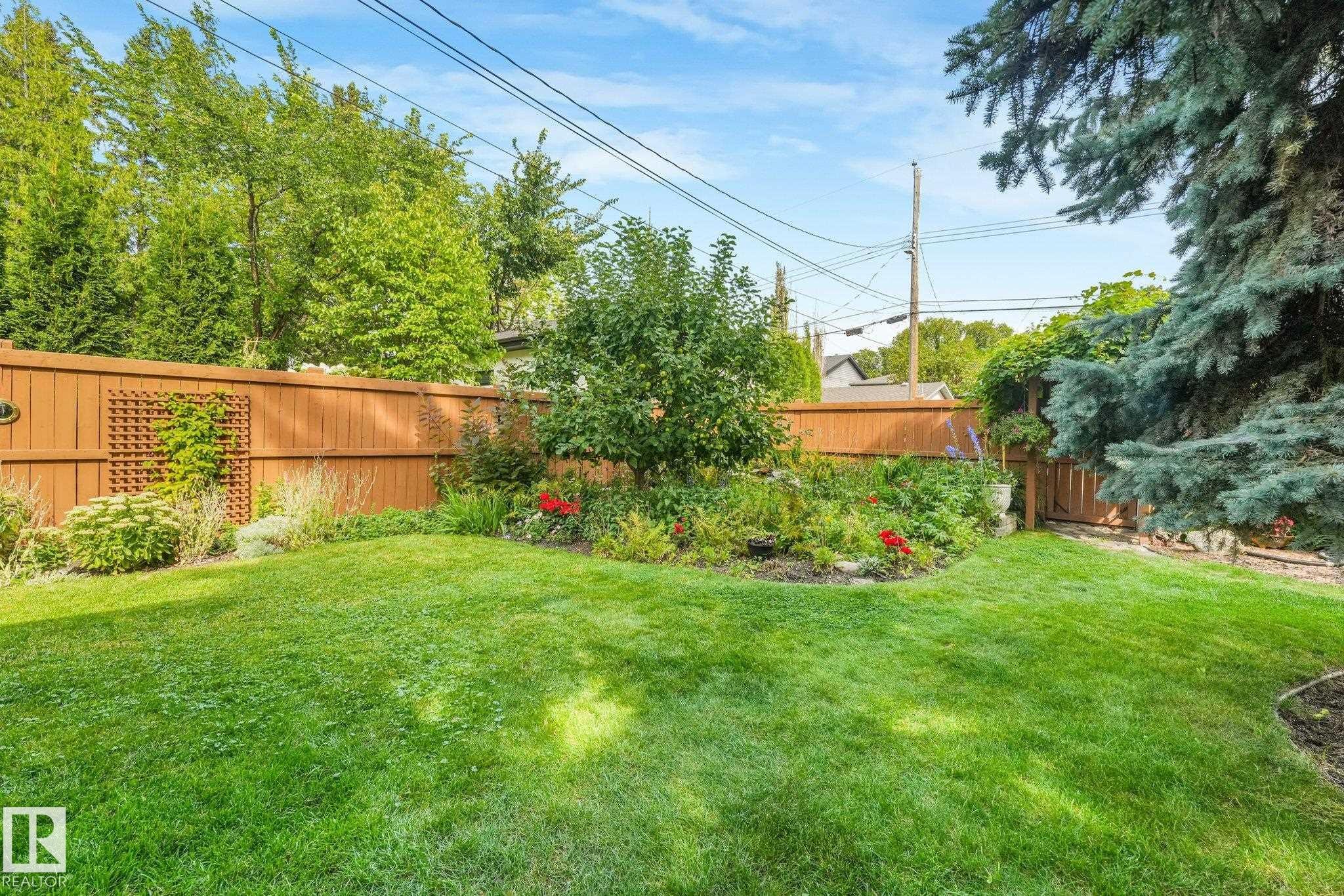 Expansive lawn area, perimeter fencing, mature trees, landscaped garden beds, and a trellis - 10531 137 Street Nw, Edmonton, AB