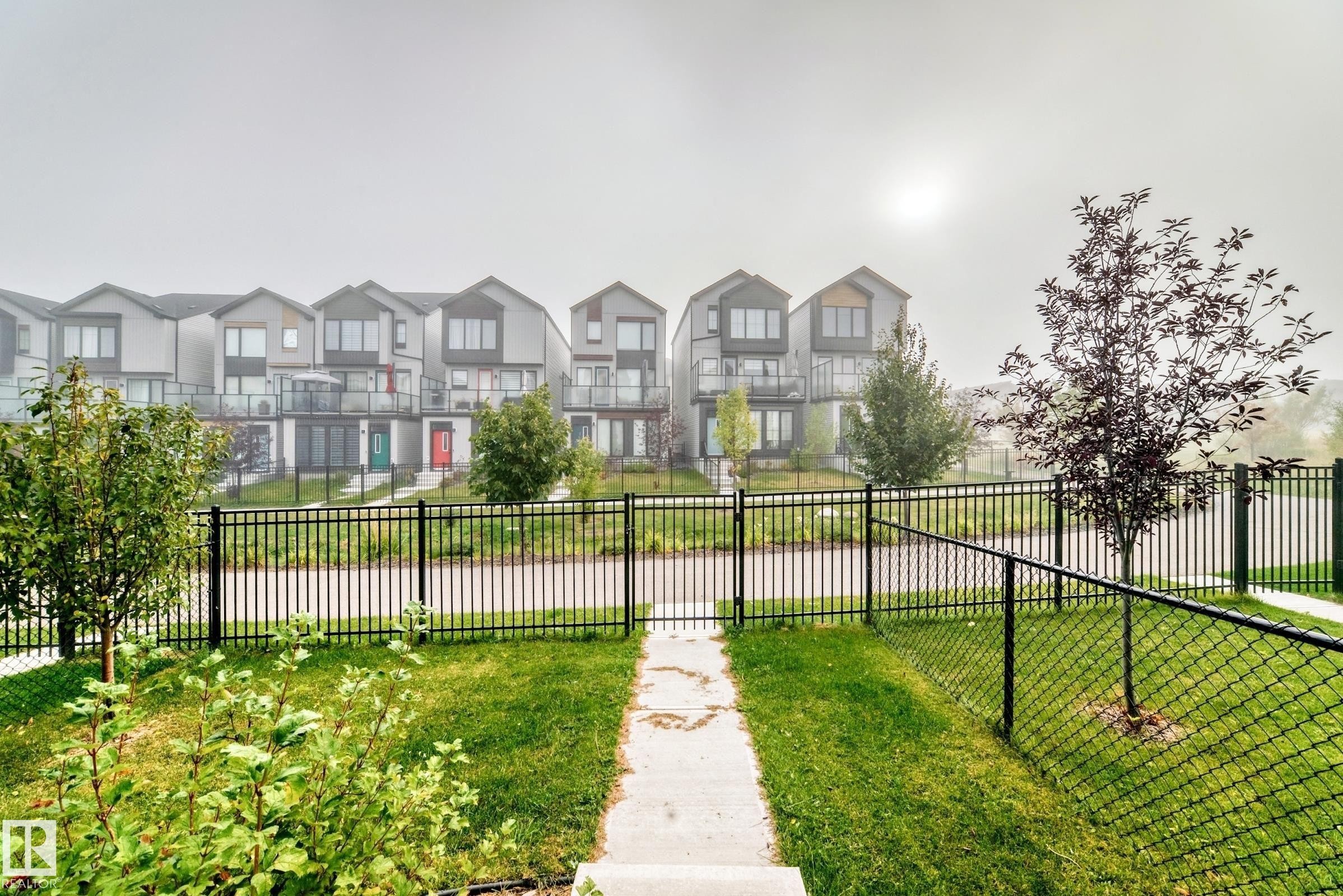 Manicured lawn with a concrete pathway and black metal fencing - 479 39 St Sw, Edmonton, AB