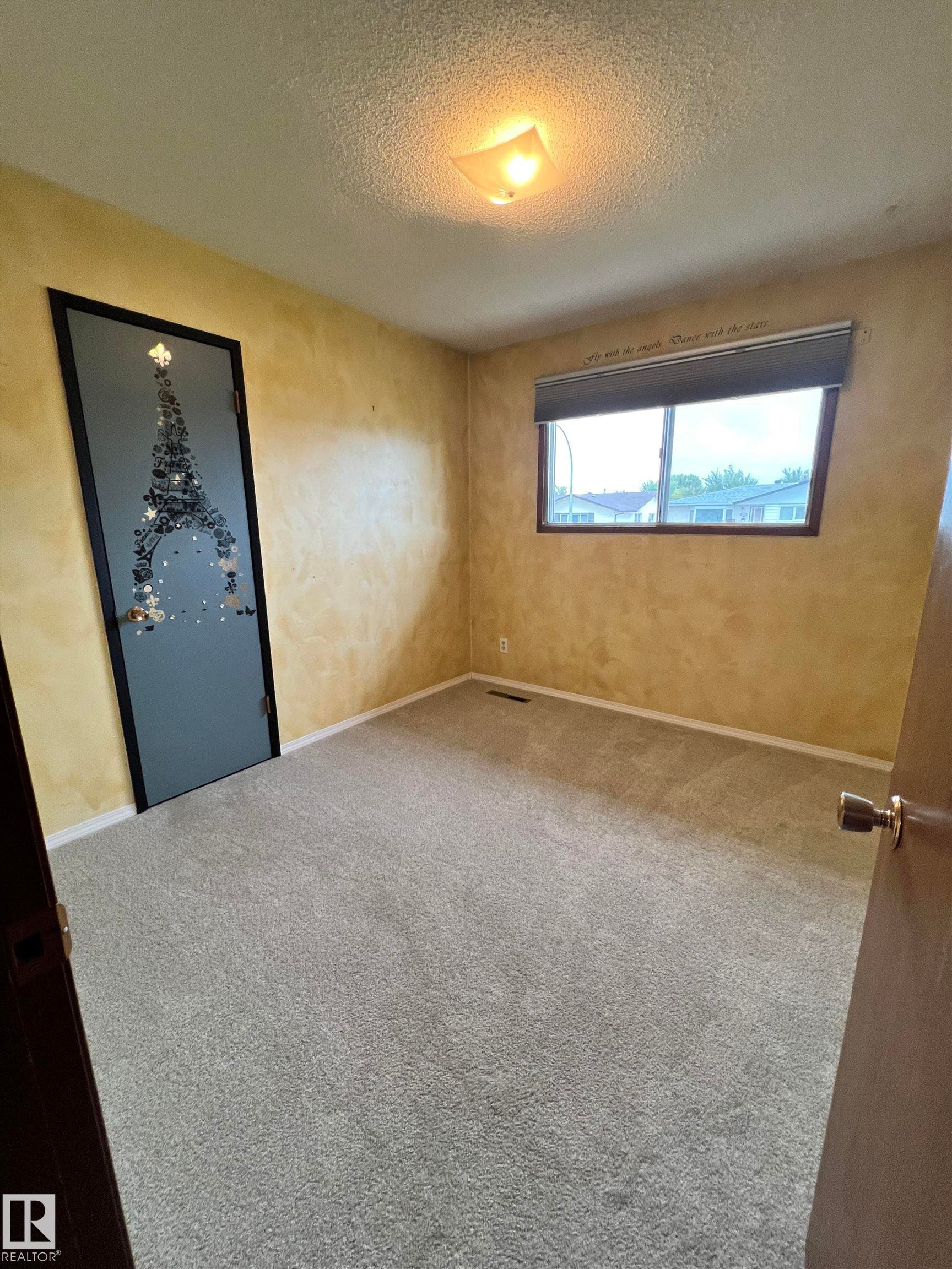 Wall-to-wall carpeting, window with roller shade, and ceiling-mounted light fixture - 15003 81 Street Nw, Edmonton, AB