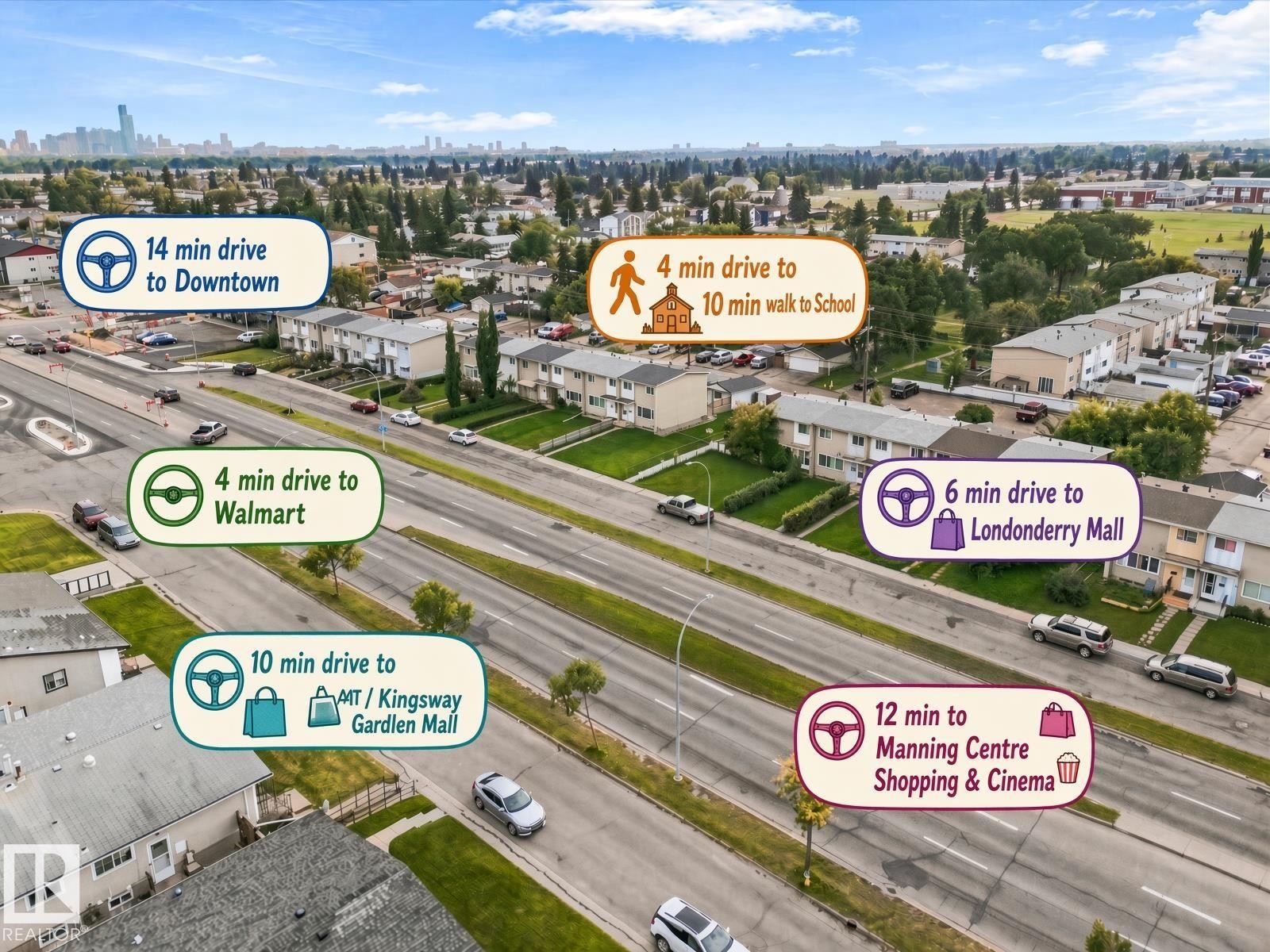 Proximity to Downtown (14 min drive), Walmart (4 min drive), Londonderry Mall (6 min drive), AMT/Kingsway Garden Mall (10 min drive), and Manning Centre (12 min drive) - 13235 82 Street Nw, Edmonton, AB