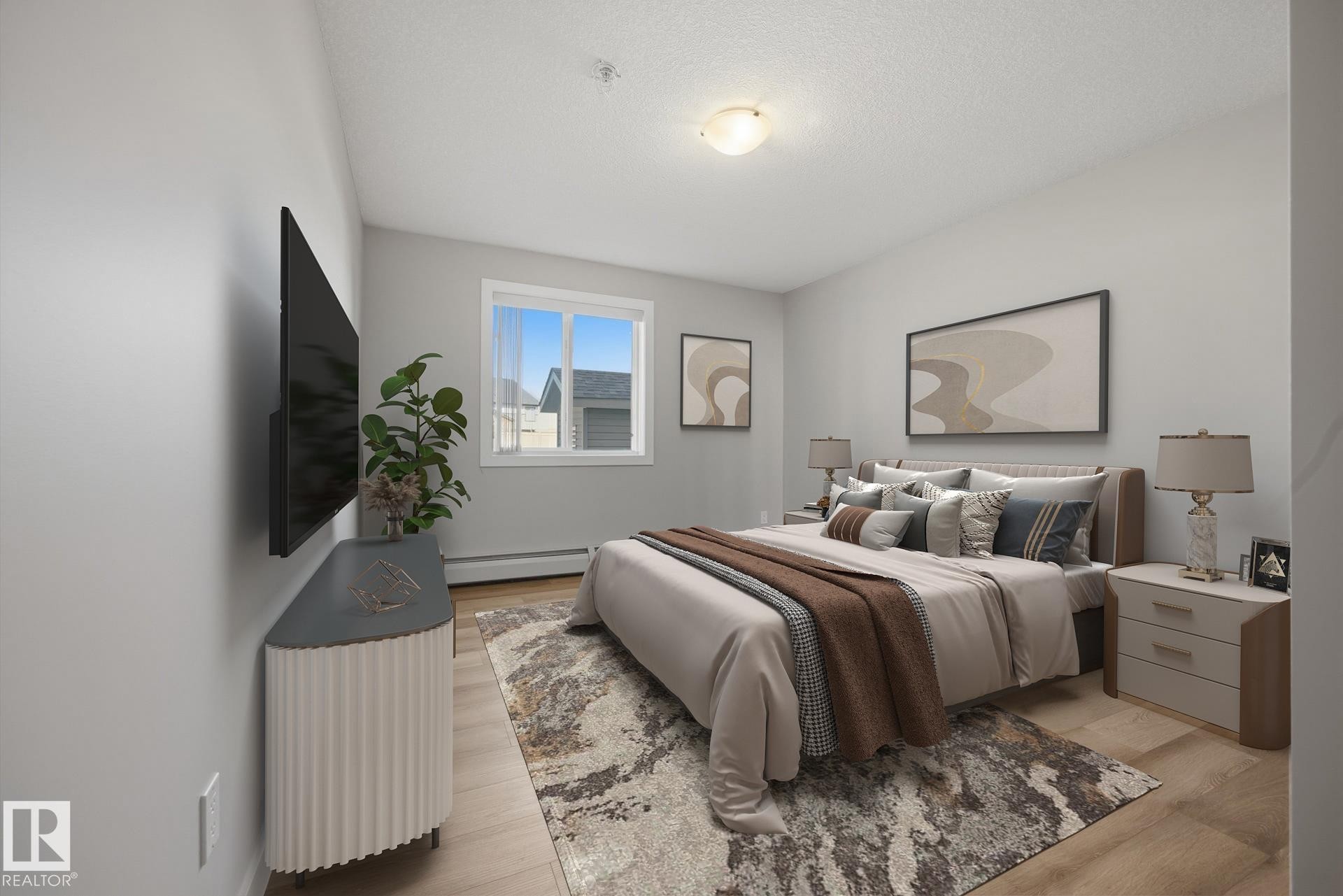 Recessed window with white trim, light wood-finish flooring, ceiling-mounted light fixture, and light gray wall paint - #122 240 Spruce Ridge Rd, Spruce Grove, AB