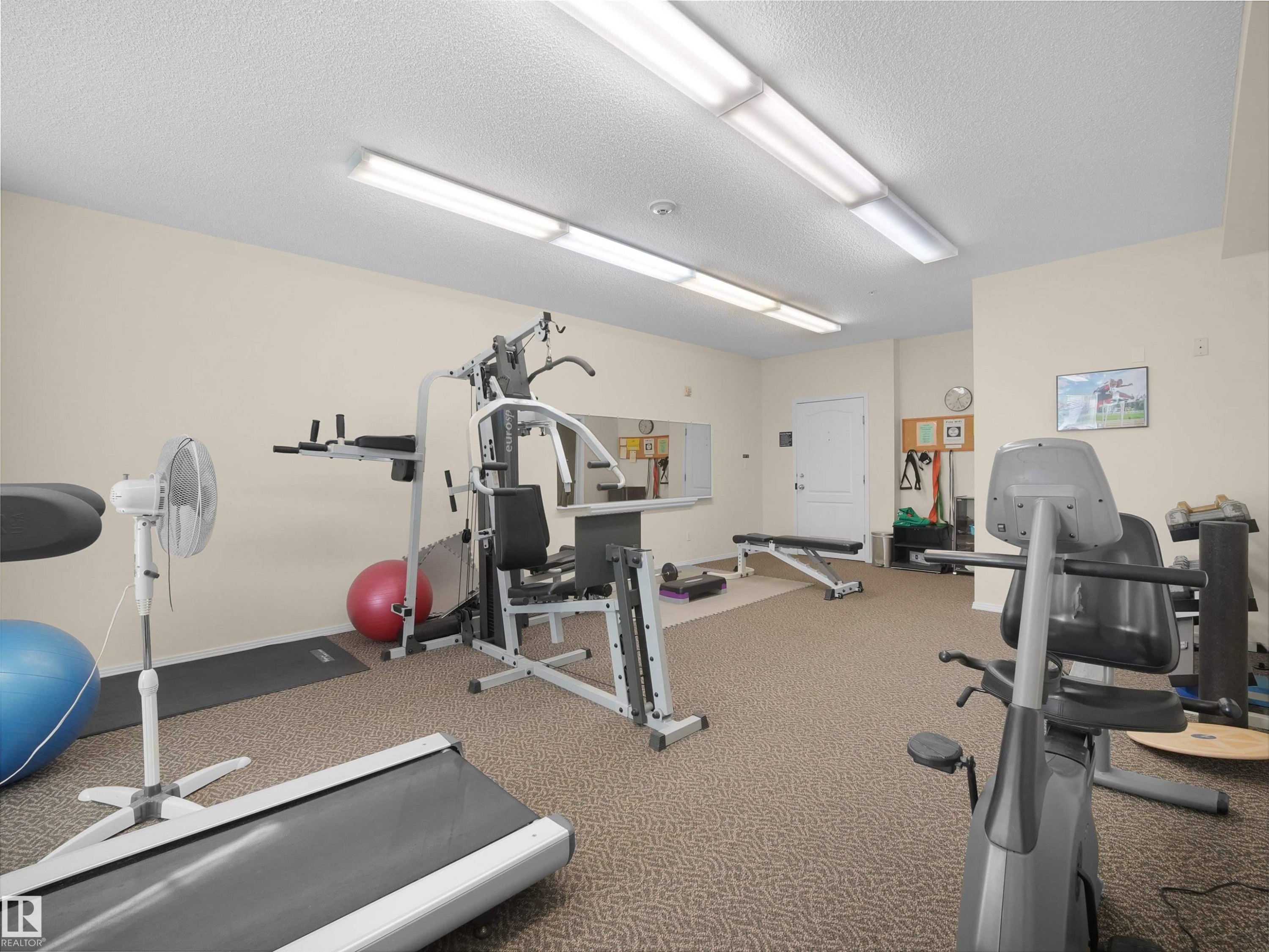 Carpeted room with a white door, wall-mounted mirror, and fluorescent overhead lighting - #206 12111 51 Av Nw, Edmonton, AB