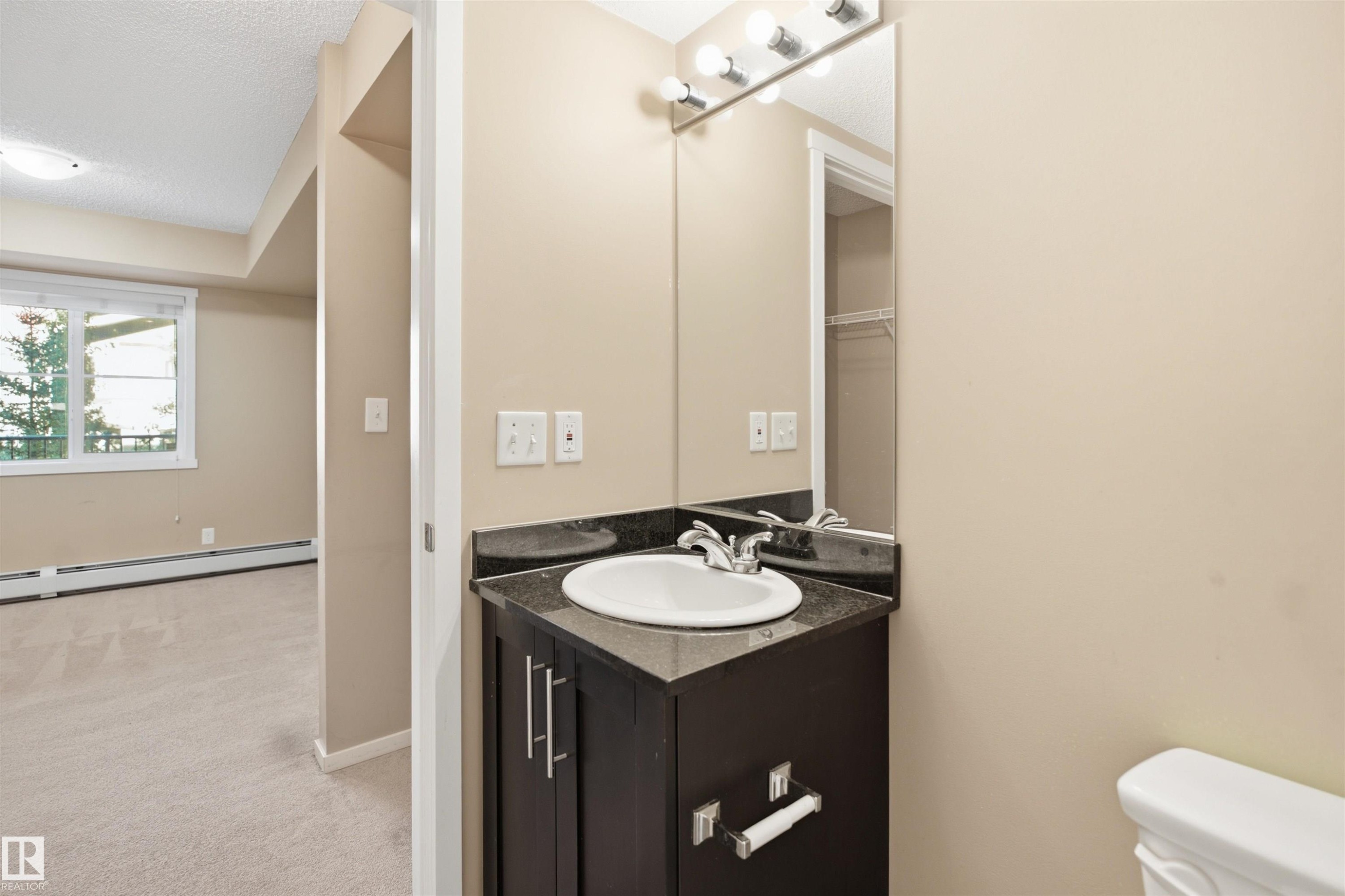 Compact vanity with a dark finish, integrated sink, and dark countertop - #225 1510 Watt Dr Sw, Edmonton, AB