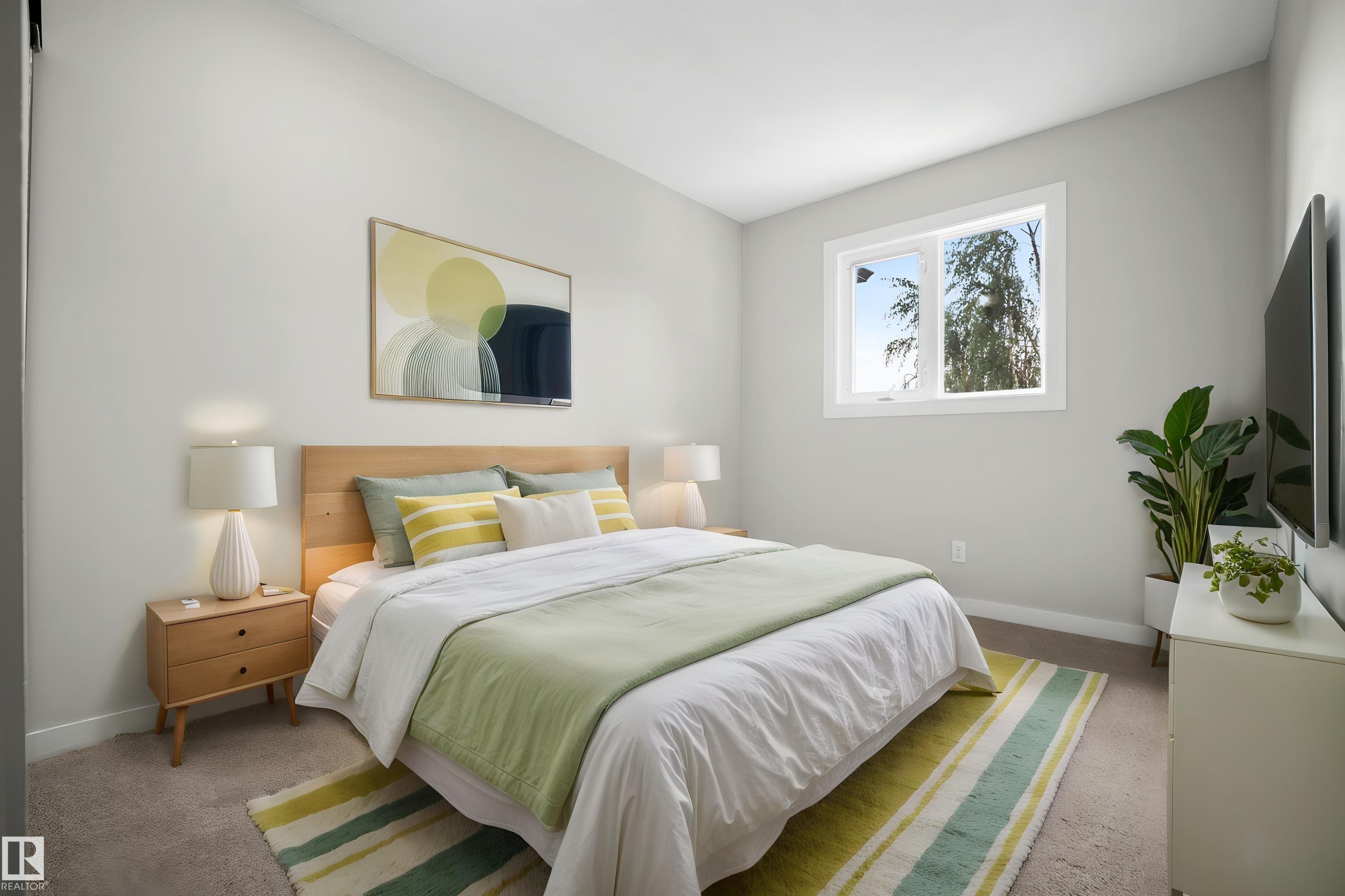 Neutral wall paint with window, light wood-finish headboard, and carpeted flooring - 3173 139 Avenue Nw, Edmonton, AB