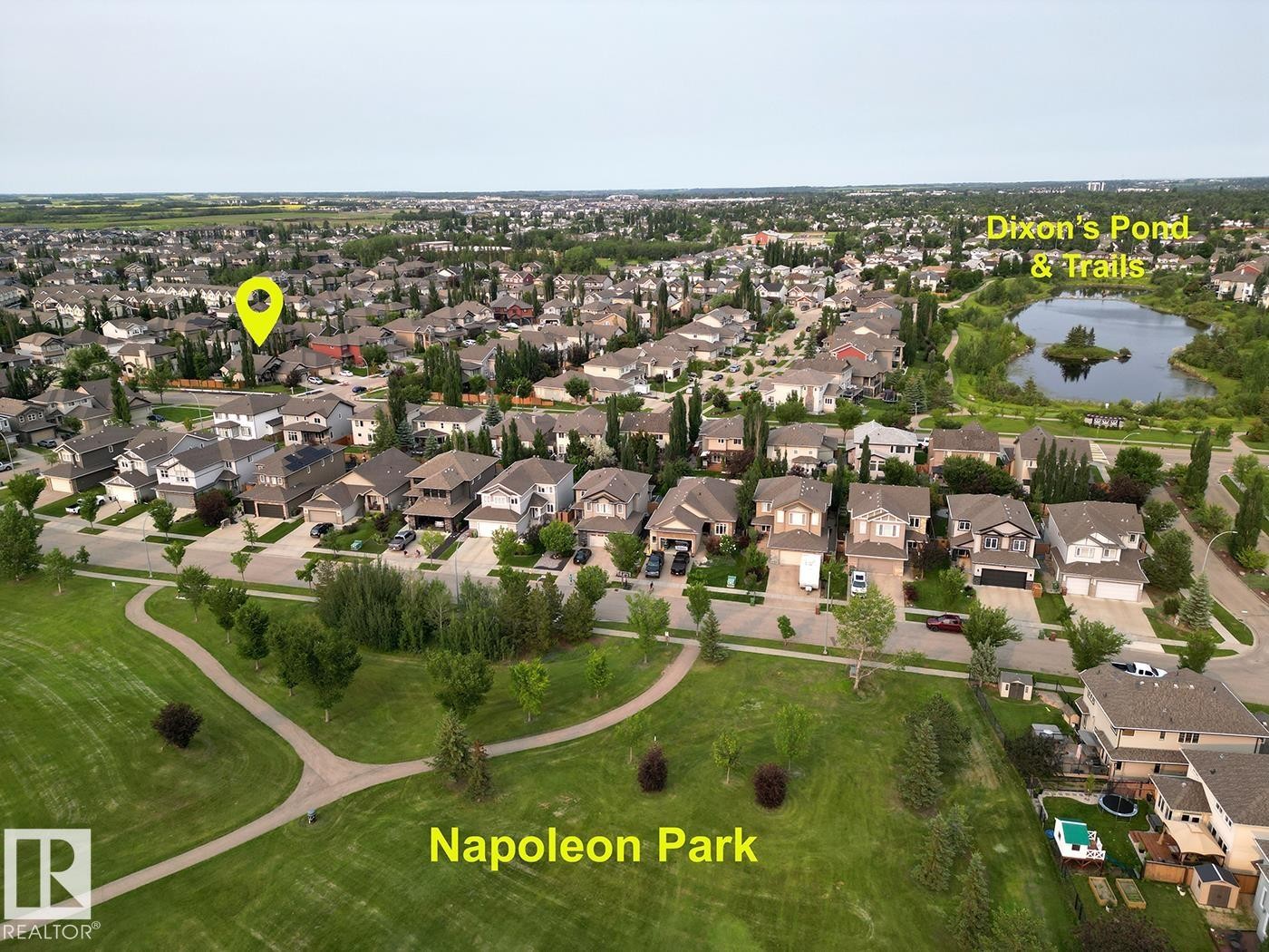 Aerial overview showcasing the property within a developed residential area - 19 Newton Place, St. Albert, AB