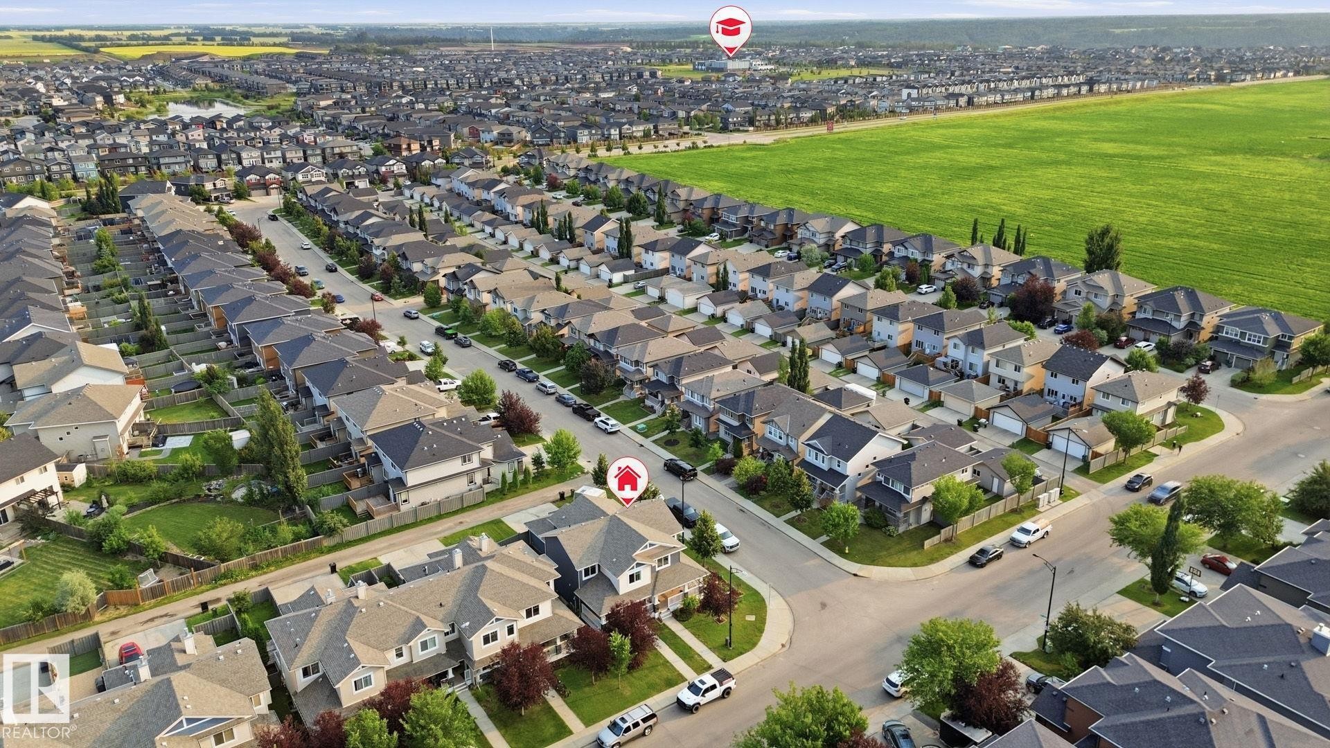 Aerial perspective of a developed residential community with numerous single-family homes - 17621 10 Avenue Sw, Edmonton, AB - Outdoor With View