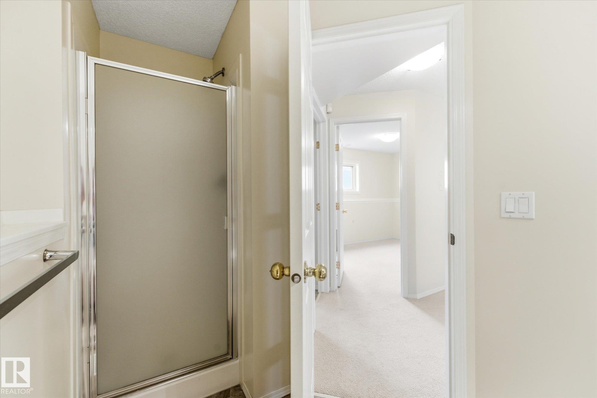 Shower enclosure with frosted glass door and chrome frame - 1709 Turvey Bend Bend Nw, Edmonton, AB