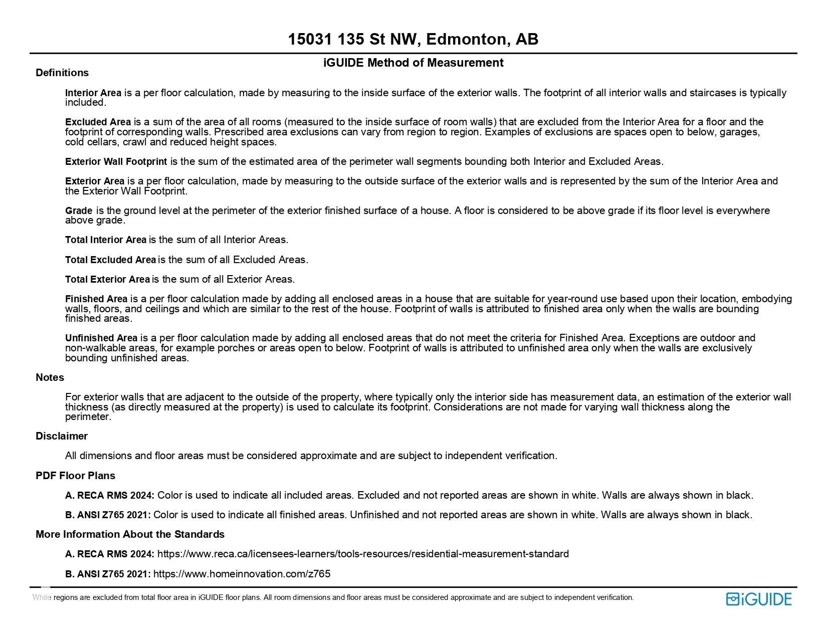 Measurement Standard Document. Detailing the iGUIDE method of measurement, including definitions, notes, disclaimers, and information on PDF floor plans and standards - 15031 135 Street Nw, Edmonton, AB