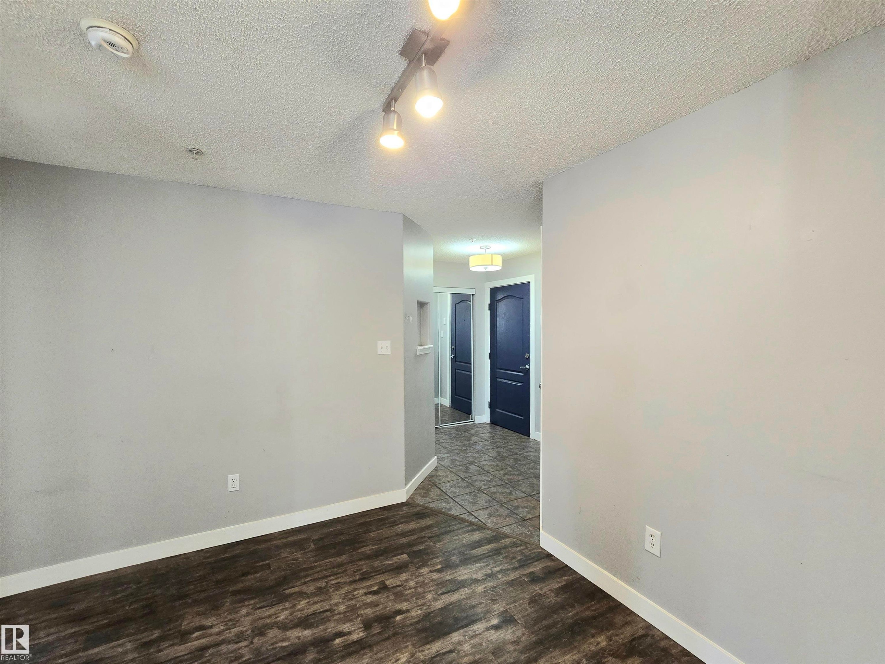 Interior space featuring wood-finish flooring, light gray walls, and white baseboards - #105 155 Edwards Dr Sw, Edmonton, AB - Indoor Photo Showing Other Room