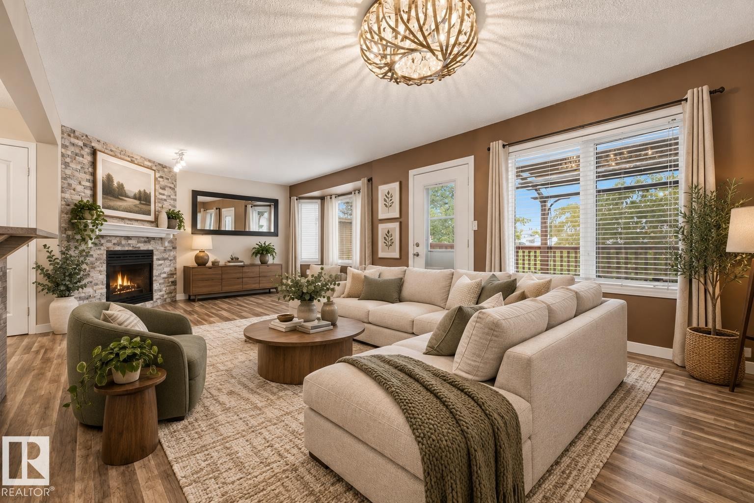 Living room with AI-generated staging. - 6910 158A Avenue Nw, Edmonton, AB