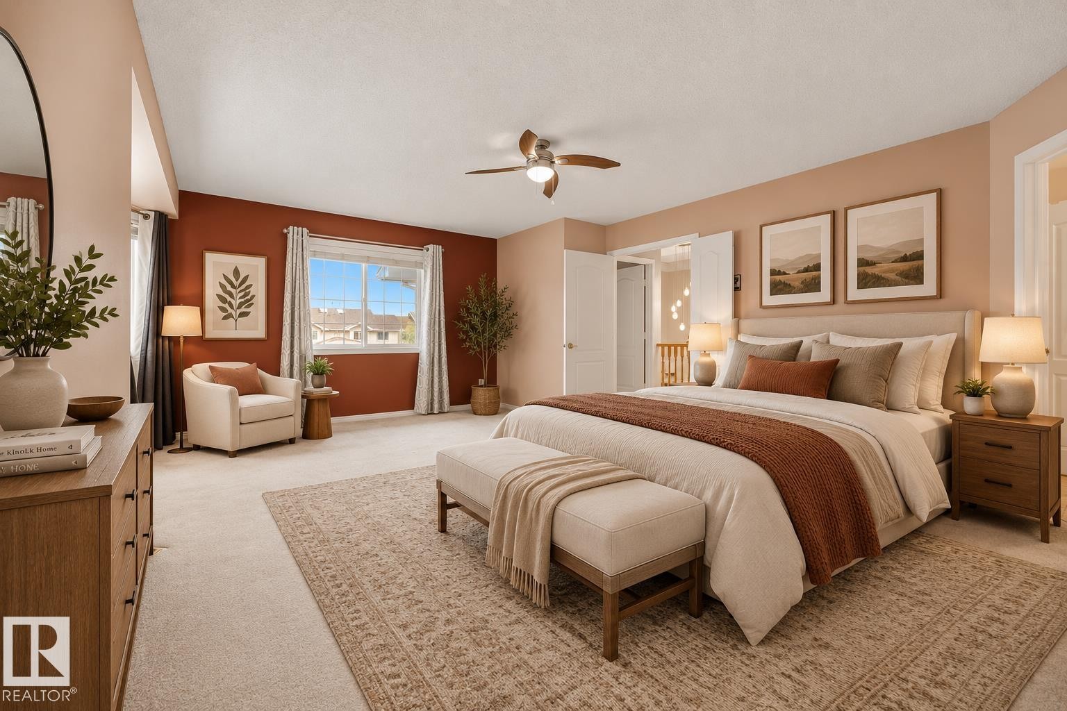 Primary bedroom with AI-generated staging. - 6910 158A Avenue Nw, Edmonton, AB