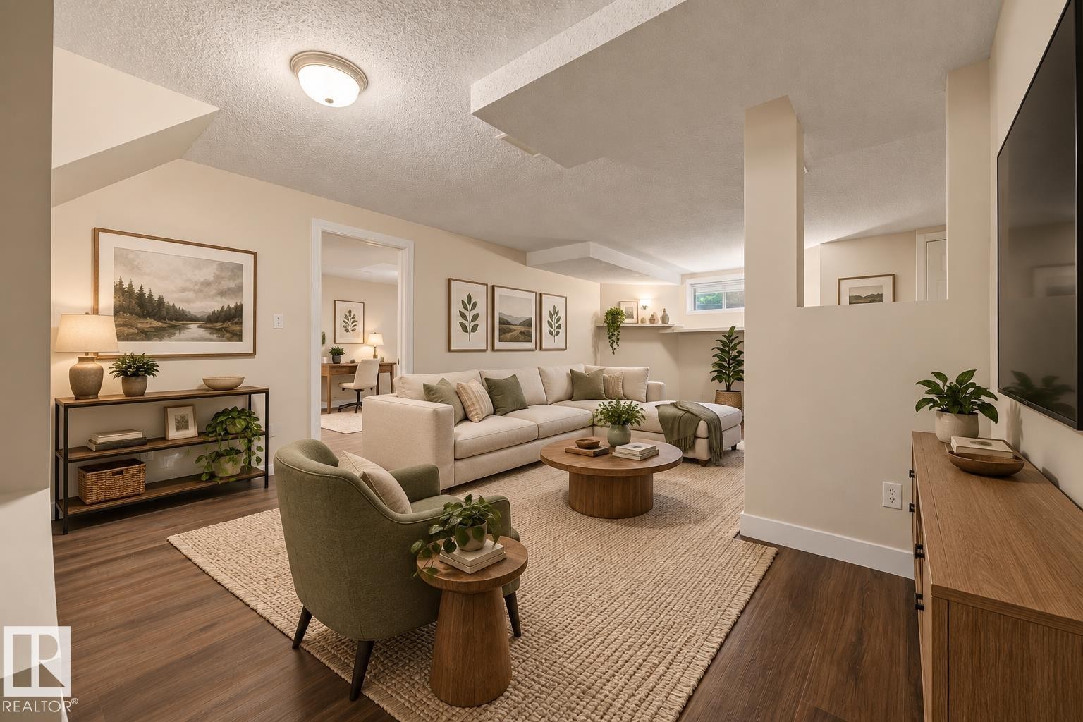 Recreation room with AI-generated staging. - 6910 158A Avenue Nw, Edmonton, AB