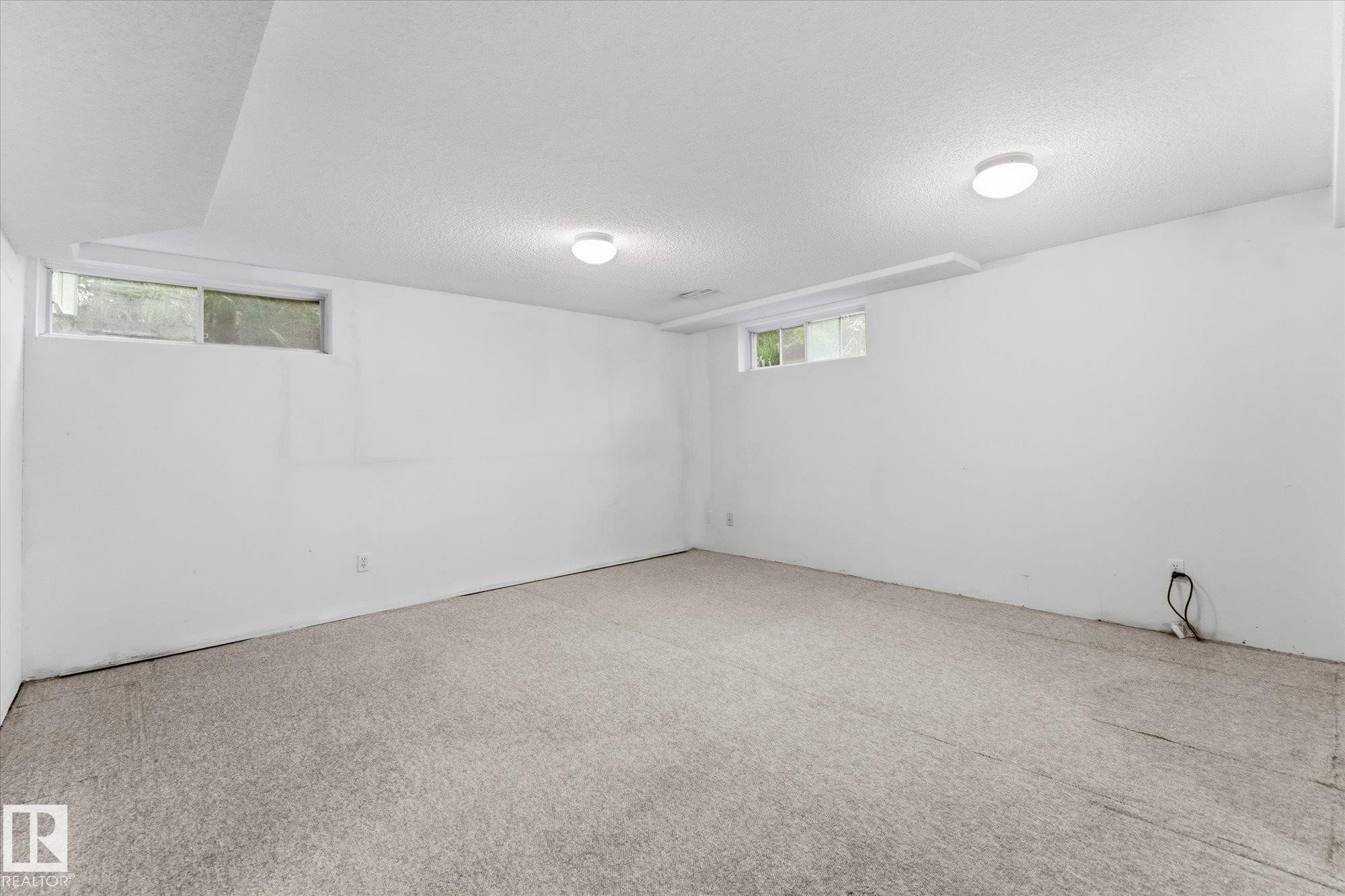 Recessed lighting illuminates a spacious room featuring wall-to-wall carpeting and two windows - 11311 Malmo Road Nw, Edmonton, AB