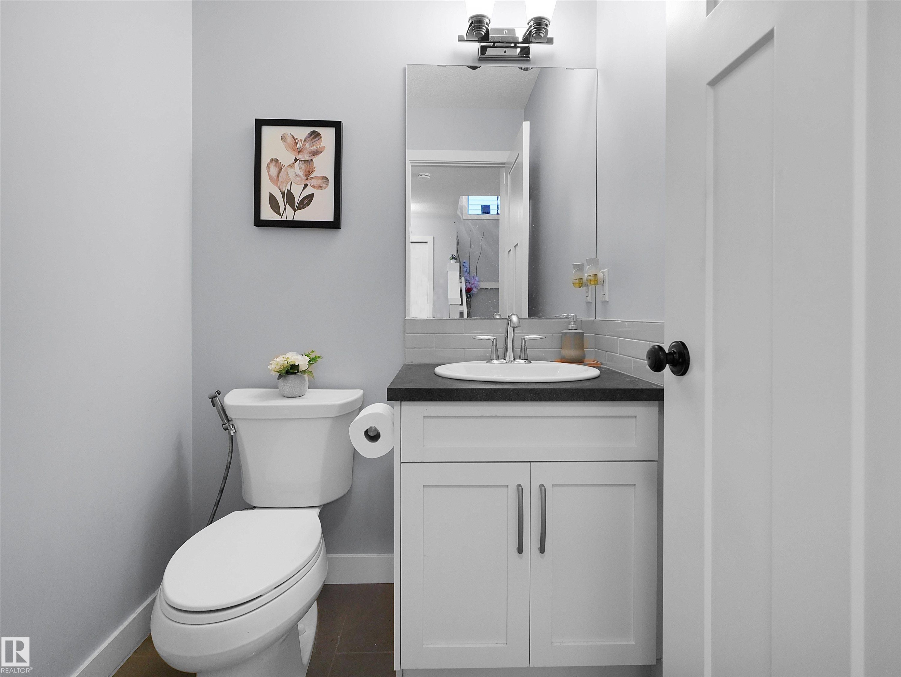White vanity with black countertop and undermount sink - 6656 Cardinal Rd Sw, Edmonton, AB