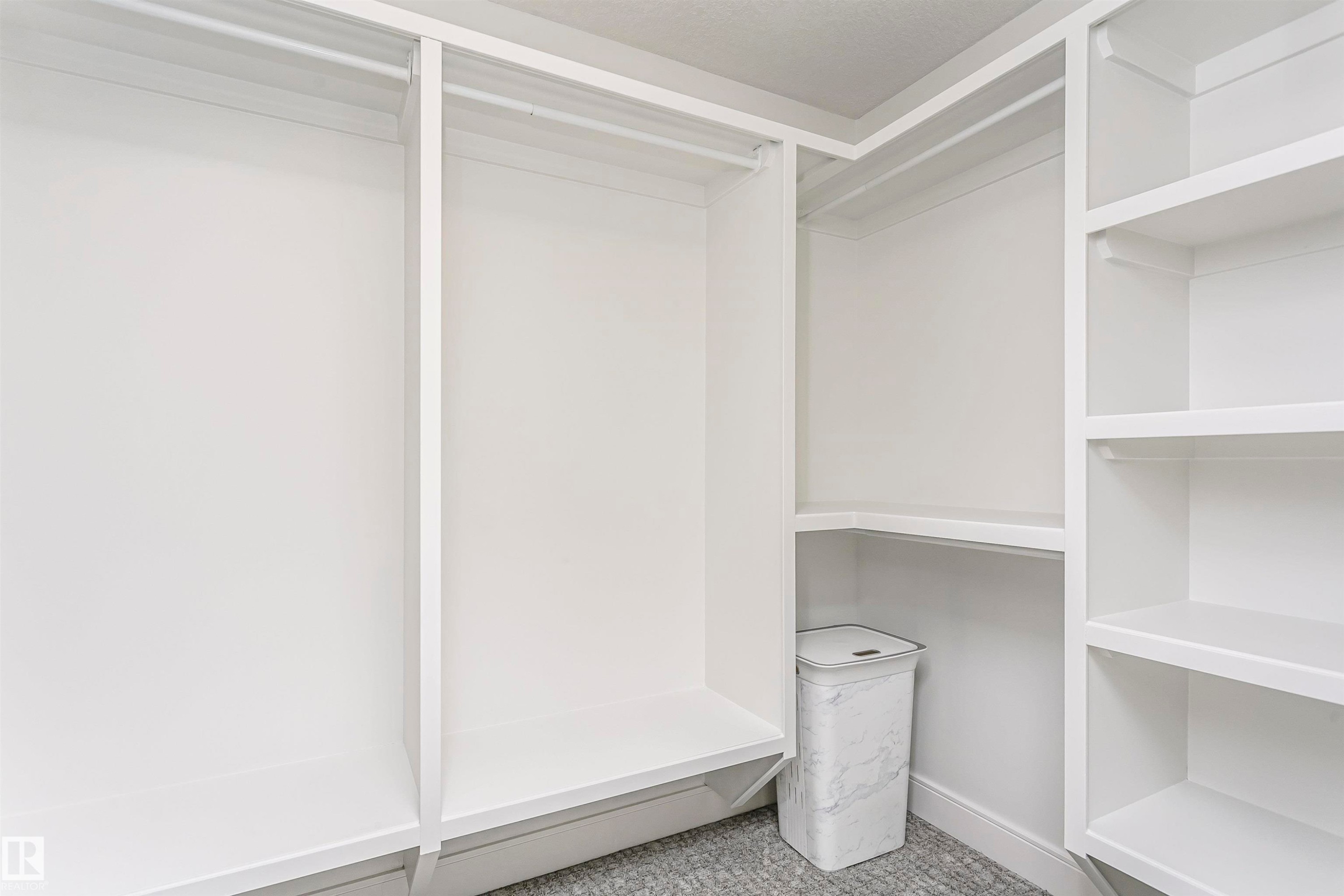 Custom built-in shelving, white finish cabinetry, integrated hanging rods, and gray-toned carpet - 9107 181 Avenue Nw, Edmonton, AB