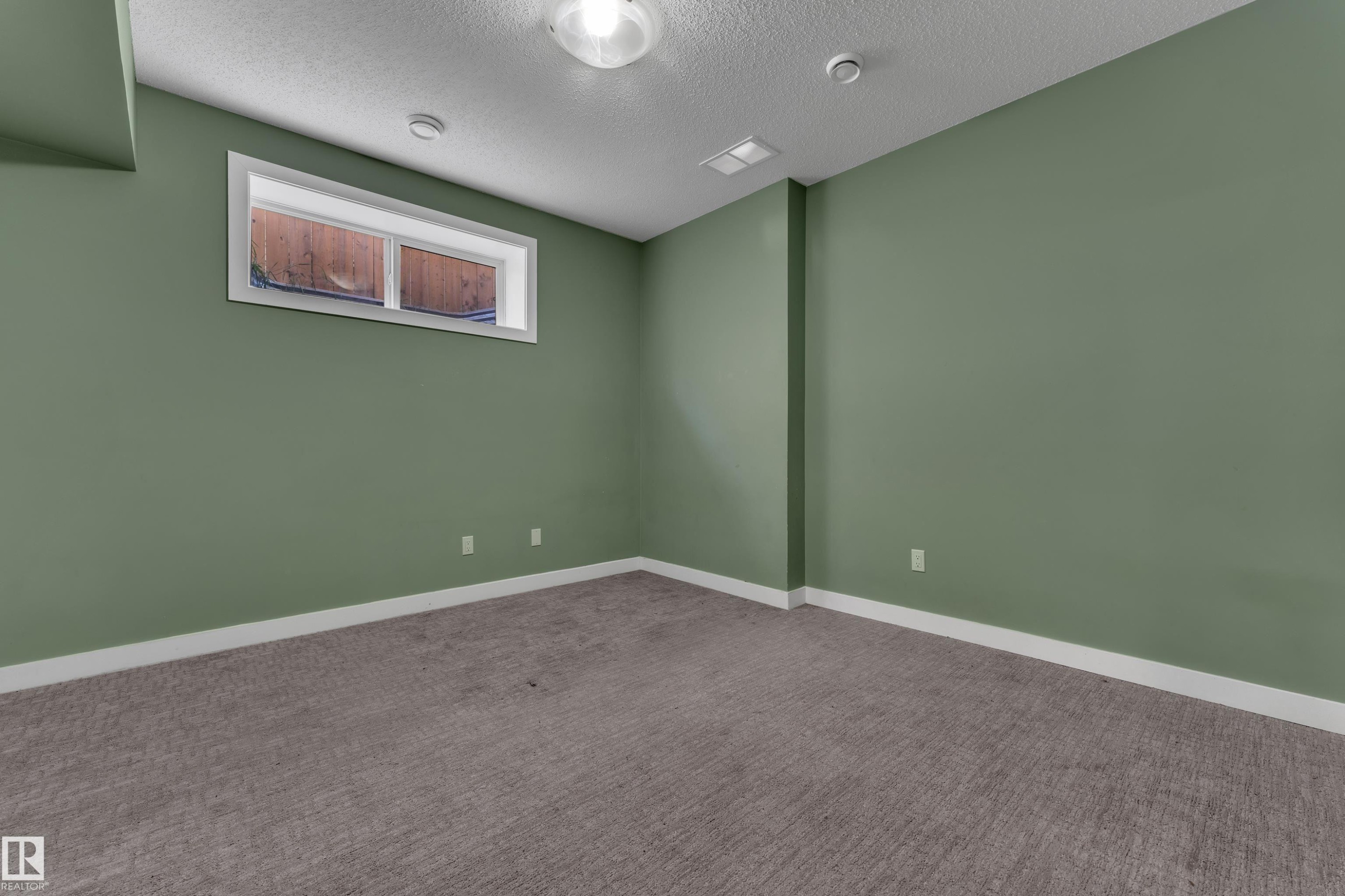 Textured ceiling, recessed lighting, wall-to-wall carpeting, window with white trim, and light green painted walls - 11421 82 Street Nw, Edmonton, AB