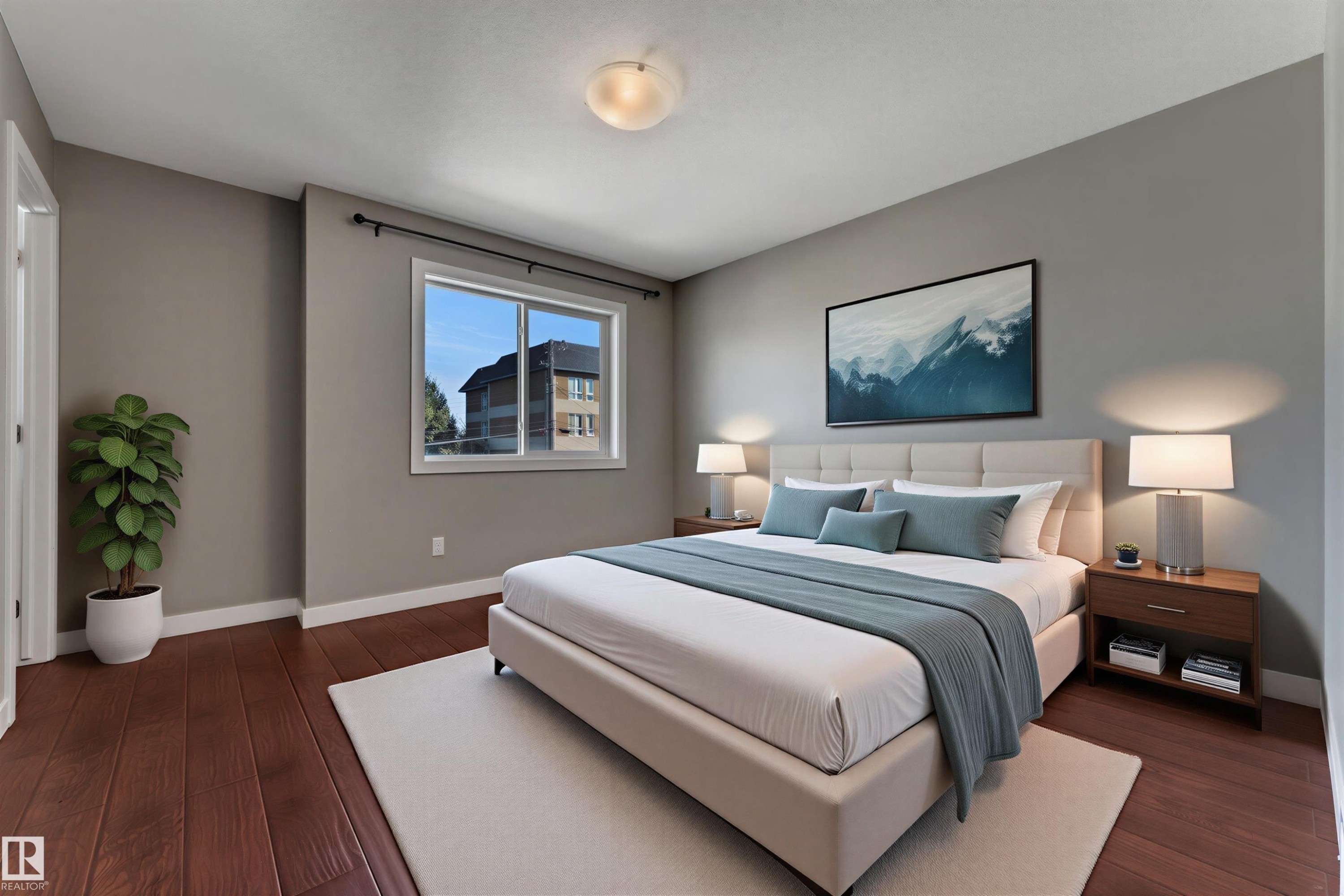 Warm wood-finish flooring, neutral wall tones, and a single window with a black curtain rod - 11421 82 Street Nw, Edmonton, AB