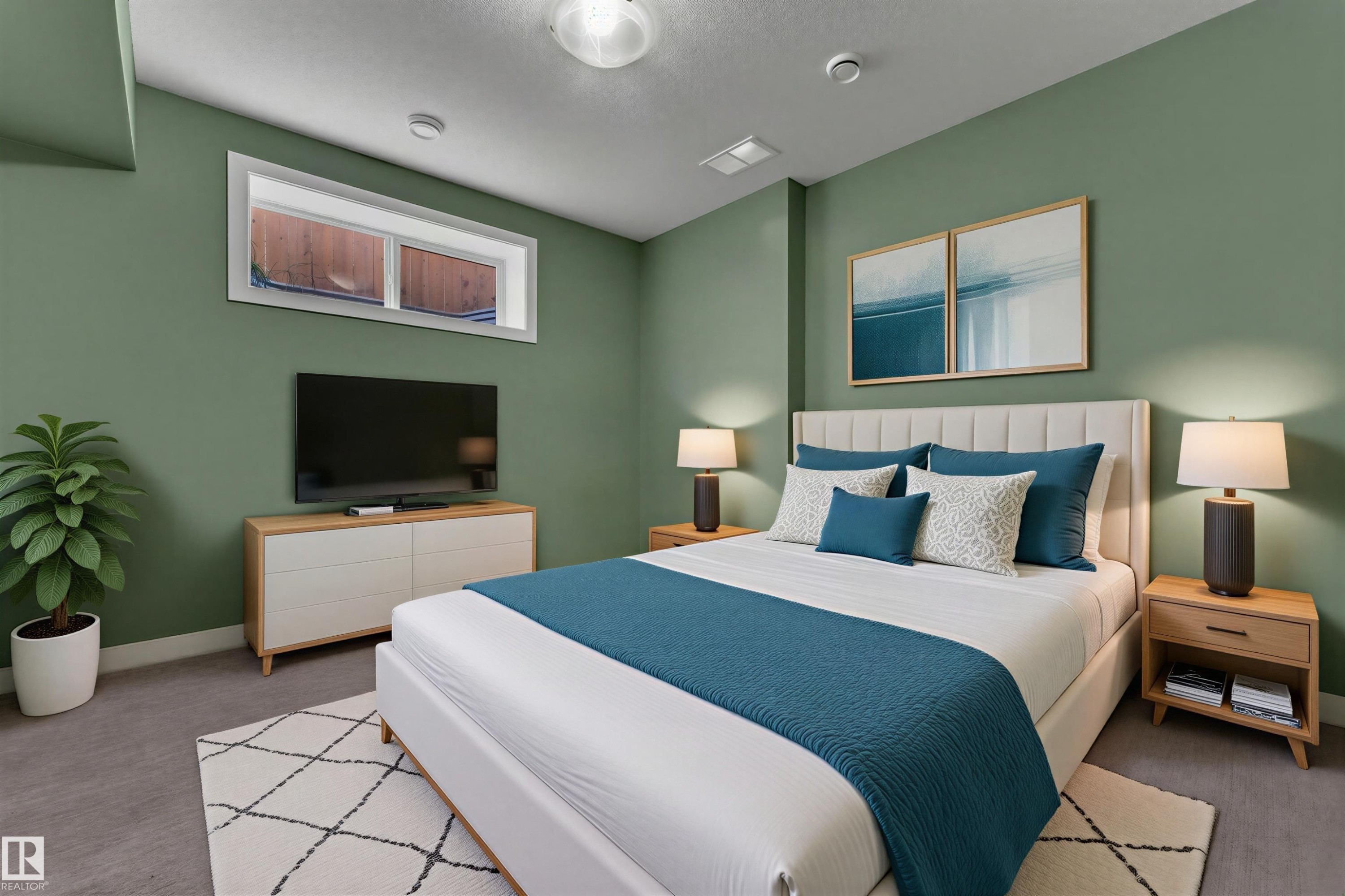 Recessed window, wood-finish flooring, ceiling-mounted light fixture, upholstered headboard, built-in shelving in nightstand - 11421 82 Street Nw, Edmonton, AB