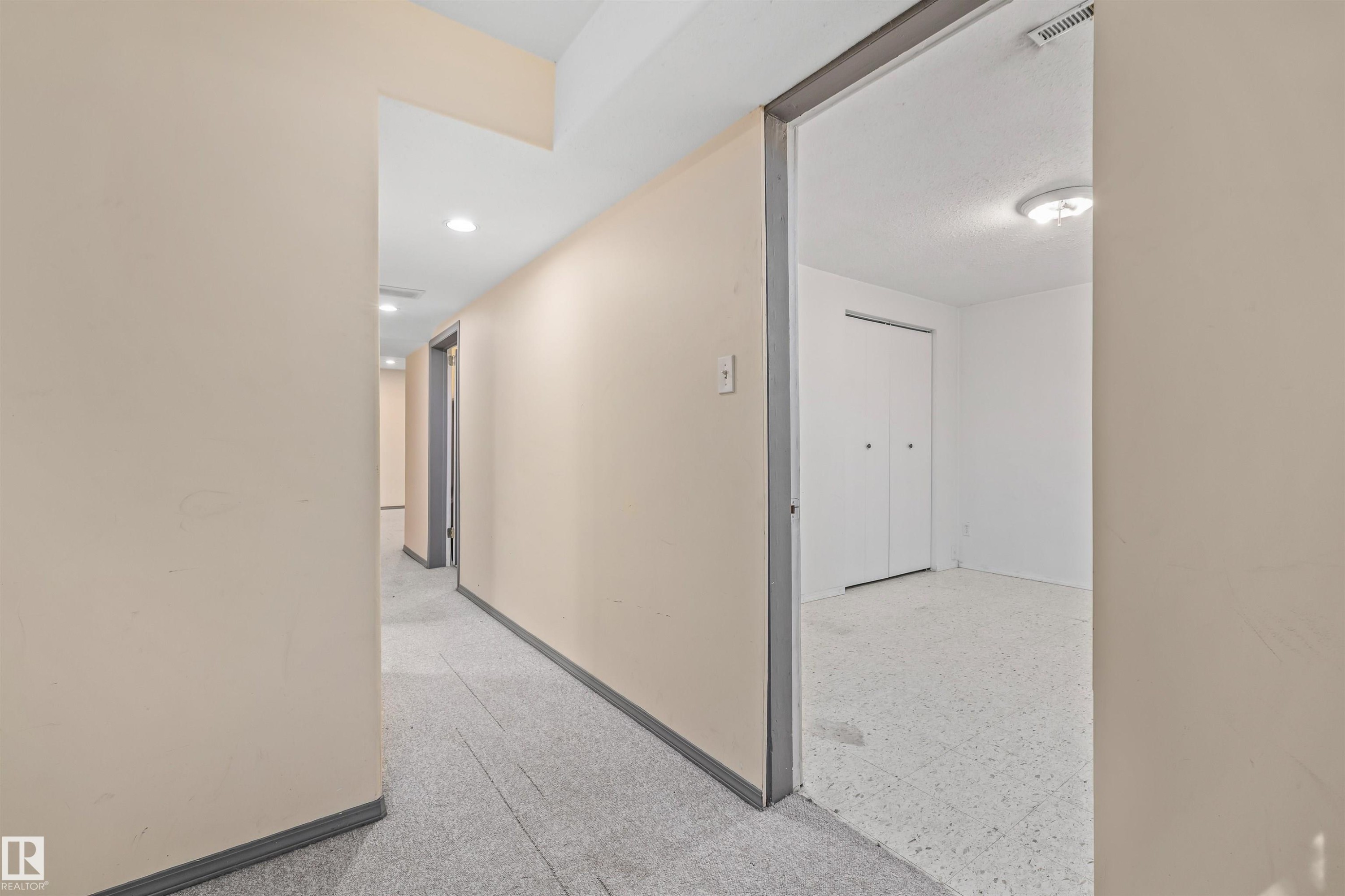 Hallway featuring recessed lighting, light-toned walls, and a grey carpeted floor - 13320 123 Street Nw, Edmonton, AB - Indoor Photo Showing Other Room