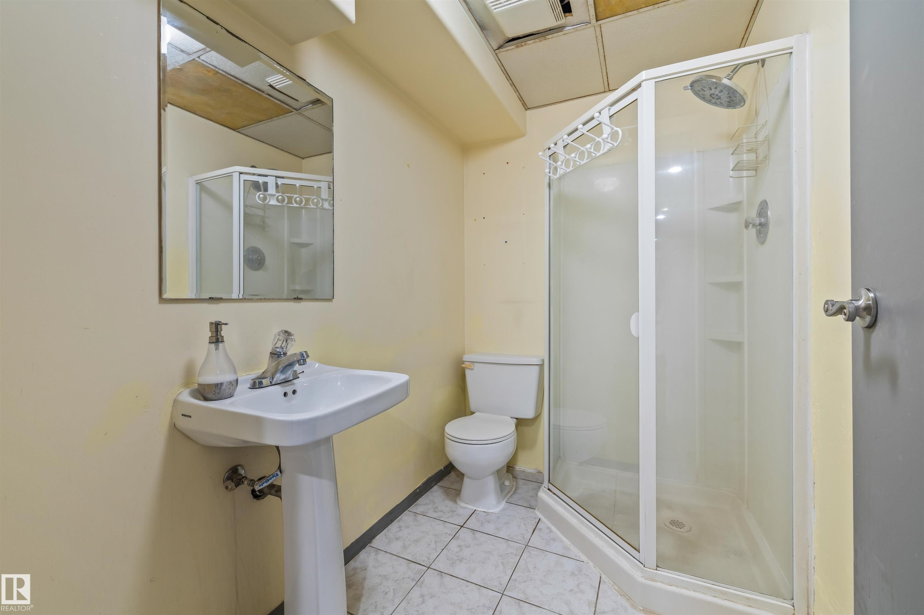 Bathroom featuring a pedestal sink, wall-mounted mirror, and a corner shower enclosure with a rain showerhead - 13320 123 Street Nw, Edmonton, AB - Indoor Photo Showing Bathroom