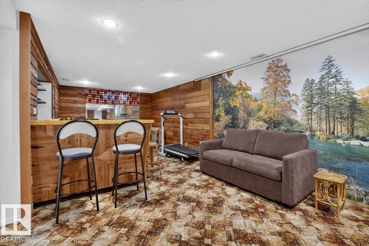 Recreation room featuring wood-panel accent walls, a built-in bar, recessed lighting, and a large scenic mural - 4027 74 Street Nw, Edmonton, AB - Indoor