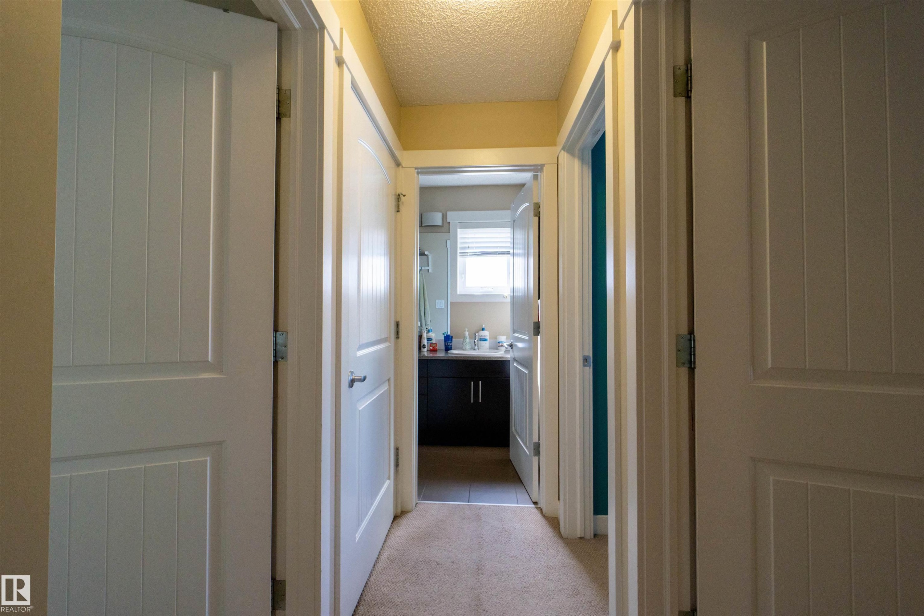 Hallway with carpet flooring and multiple paneled interior doors - #75 8315 180 Av Nw, Edmonton, AB