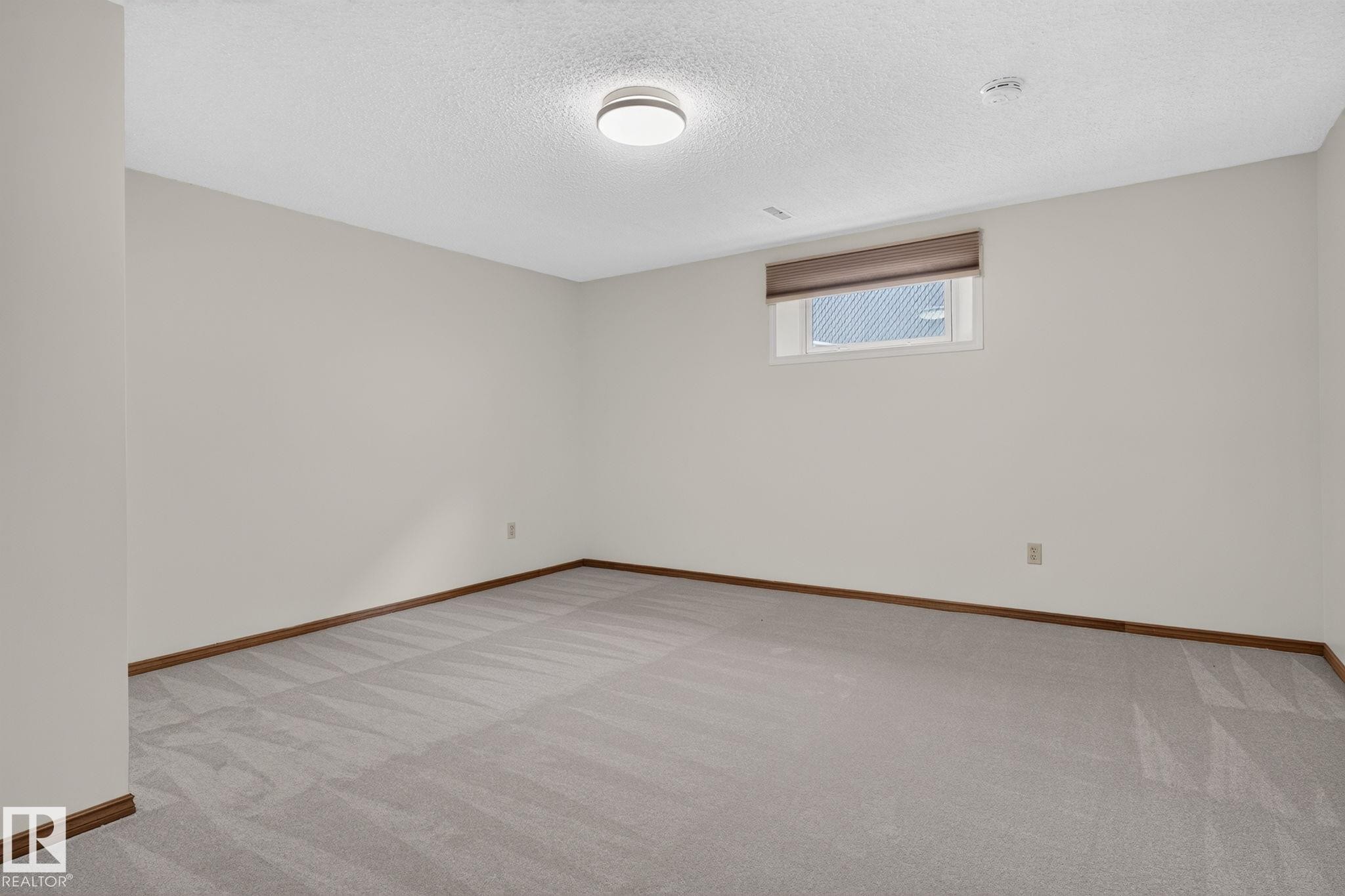 Expansive room featuring light gray carpet, neutral wall tones, warm wood trim, a window with a roller shade, and a flush-mount ceiling light fixture - 12121 42 Street Nw, Edmonton, AB - Indoor Photo Showing Other Room