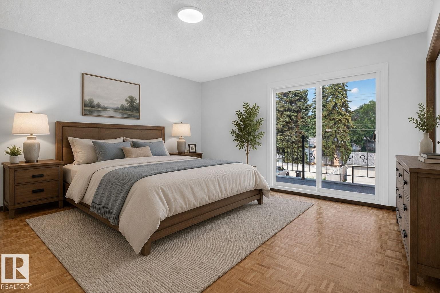 Bedroom featuring wood-finish parquet flooring and a neutral color palette - 12121 42 Street Nw, Edmonton, AB - Indoor Photo Showing Bedroom