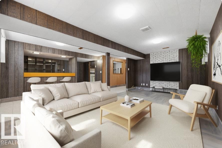 Built-in wet bar with overhead cabinetry, wood-paneled walls, recessed lighting, and a white brick-style accent wall - 14008 94 Street Nw, Edmonton, AB