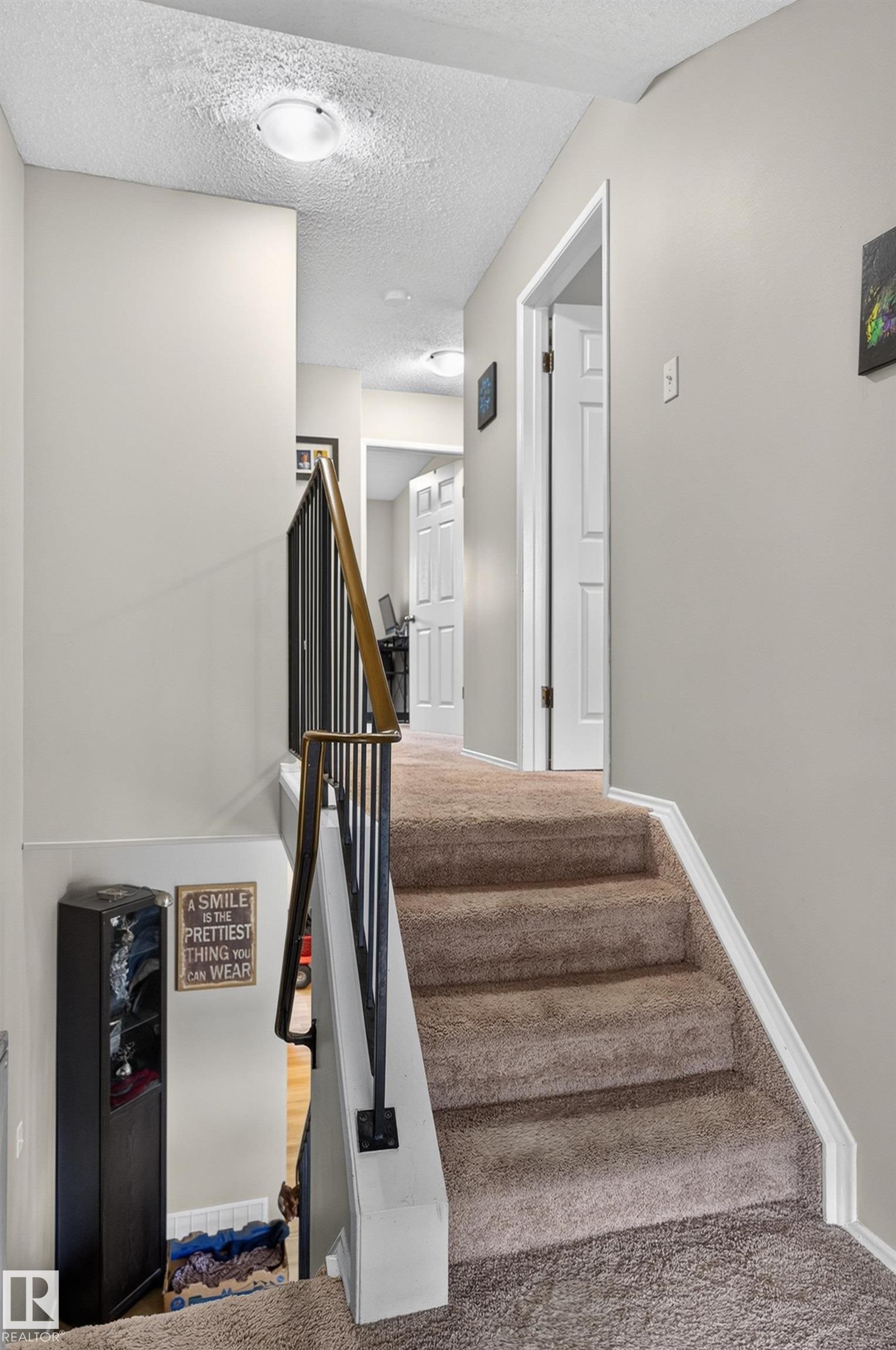 Carpeted staircase featuring a metal and wood-finish railing, leading to a hallway with a flush-mount ceiling light - 18319 93 Avenue Nw, Edmonton, AB