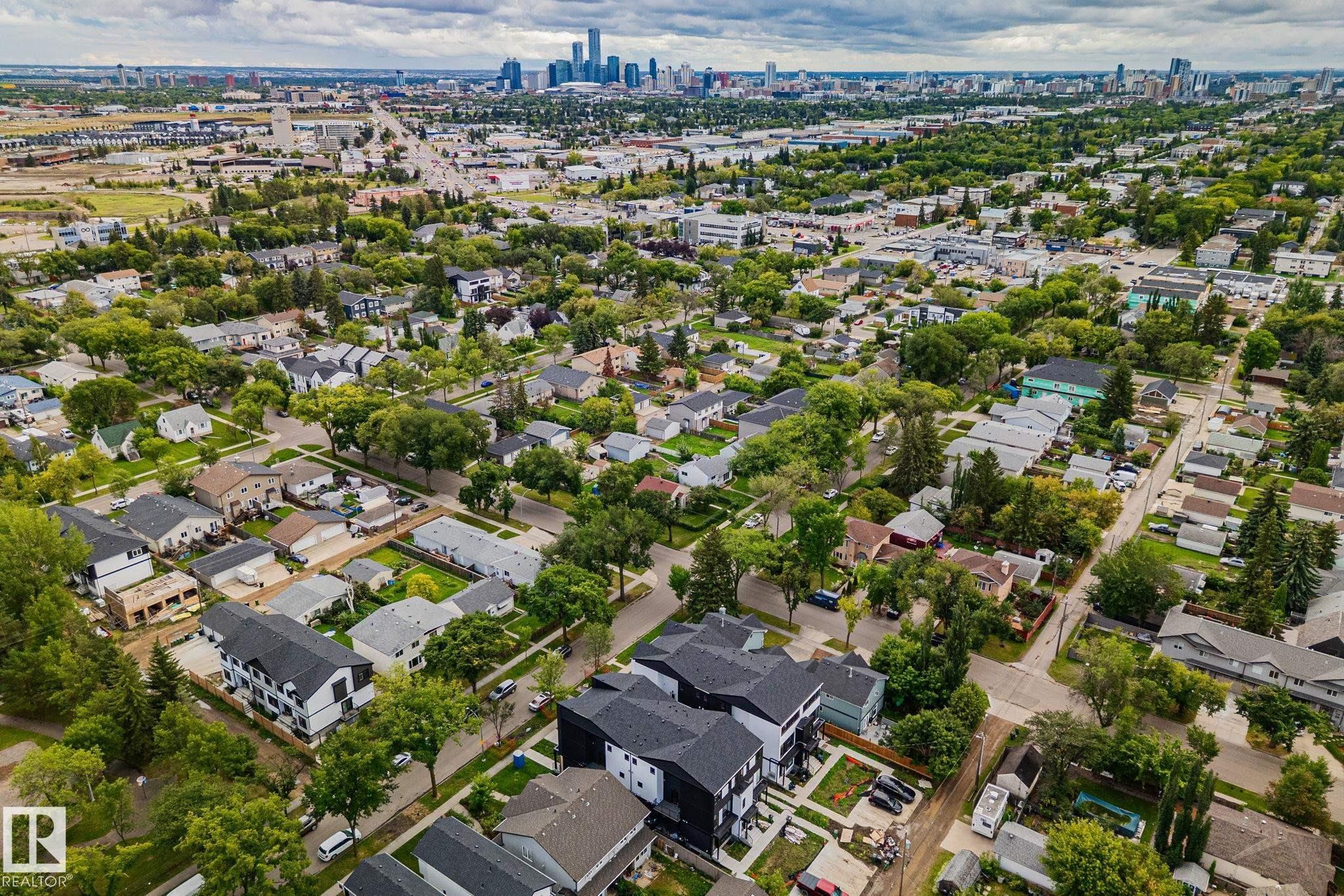 Aerial perspective displaying a residential area with varied architectural styles, mature tree canopies, and a distant city skyline - 11935 125 Street Nw, Edmonton, AB