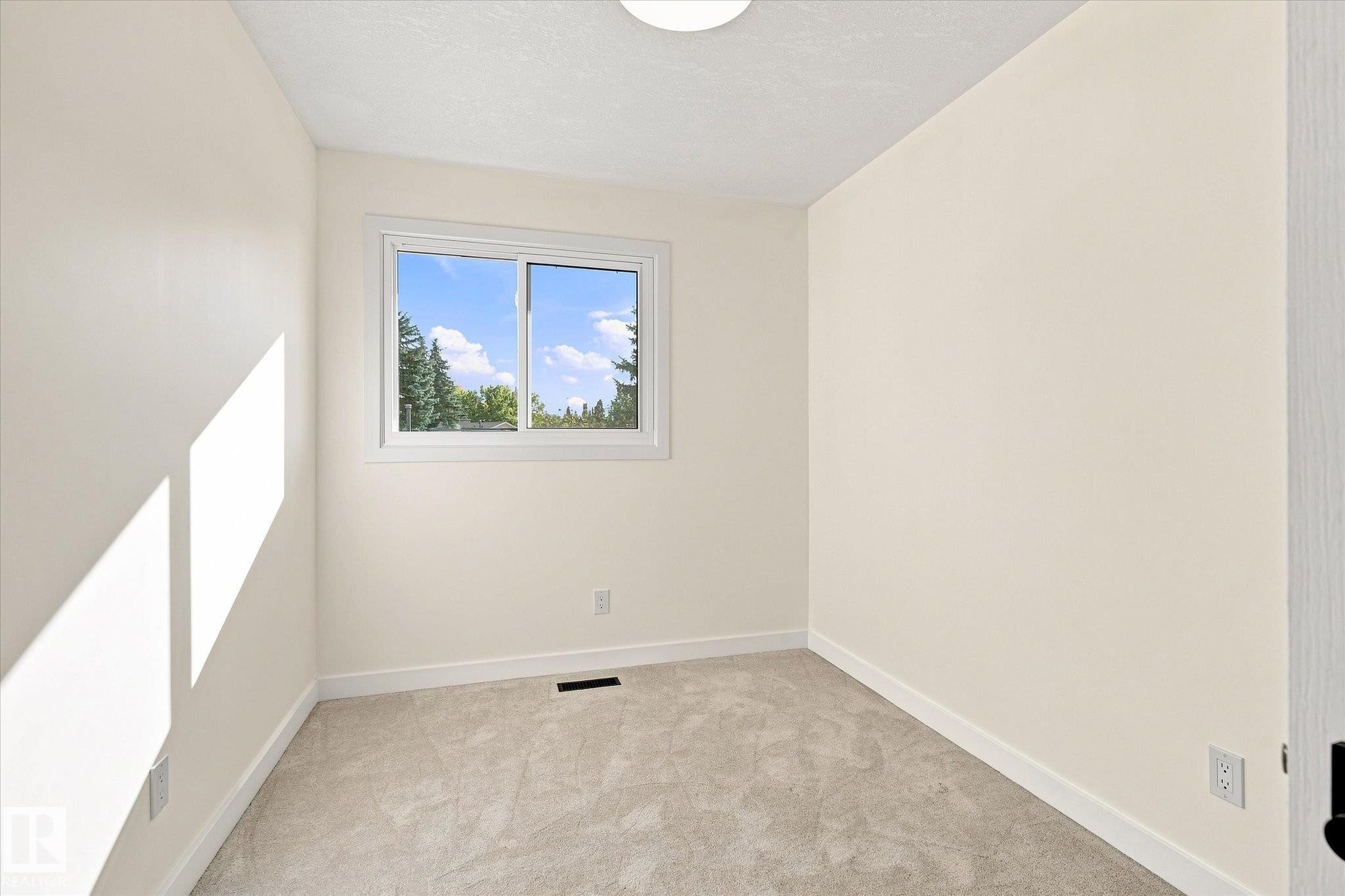 Neutral tone wall paint, light-toned carpet flooring, white trim detailing, and a single window - 17325 85 Avenue Nw, Edmonton, AB