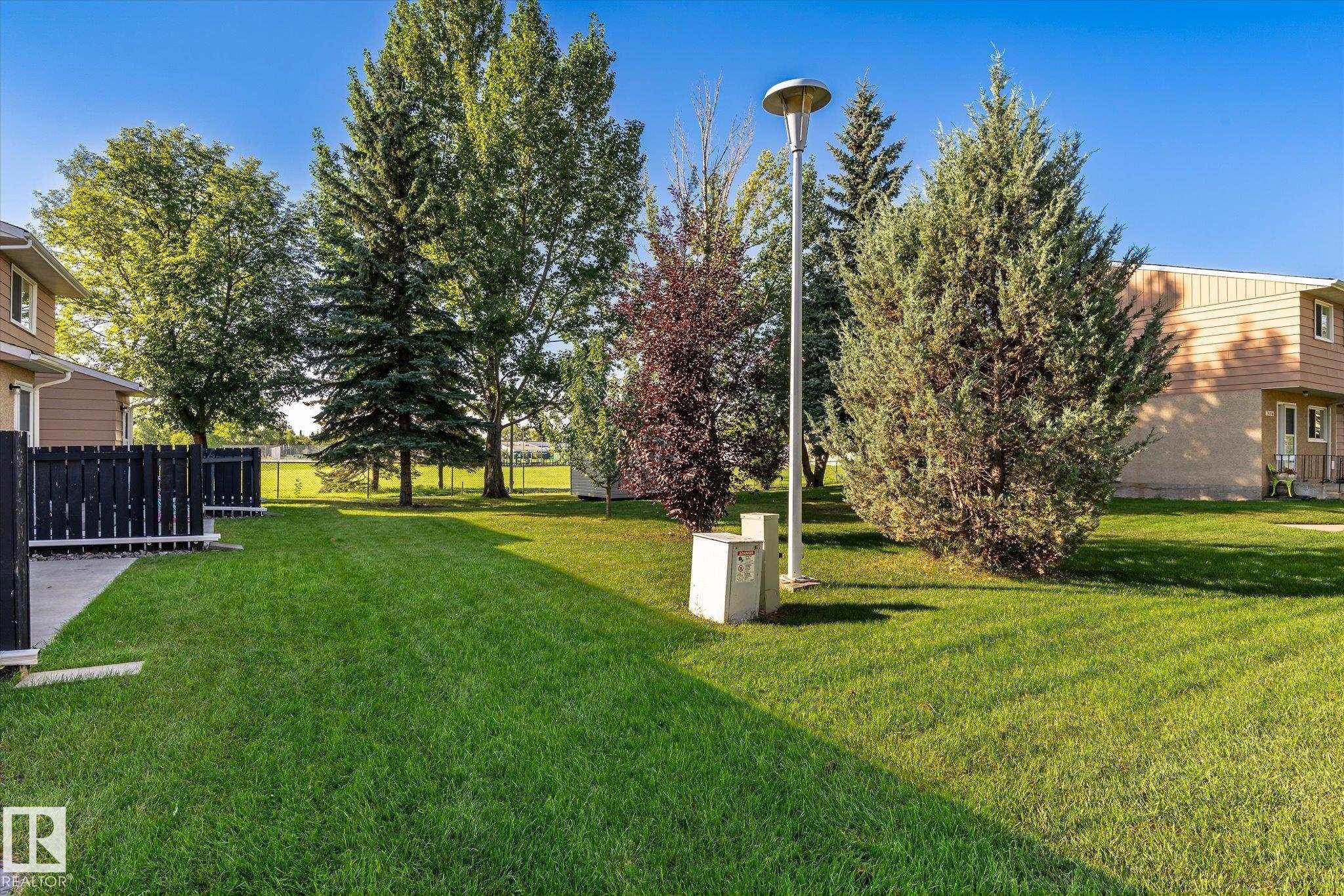 Expansive green space featuring mature trees, a street lamp, and a paved patio area with a black privacy fence - 17325 85 Avenue Nw, Edmonton, AB