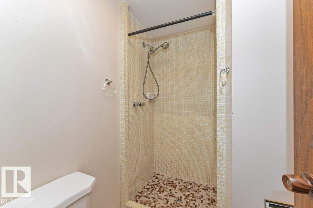 Shower stall featuring beige mosaic wall tile and a complementary mosaic floor tile with a handheld shower fixture - 11415 56 Avenue Nw, Edmonton, AB