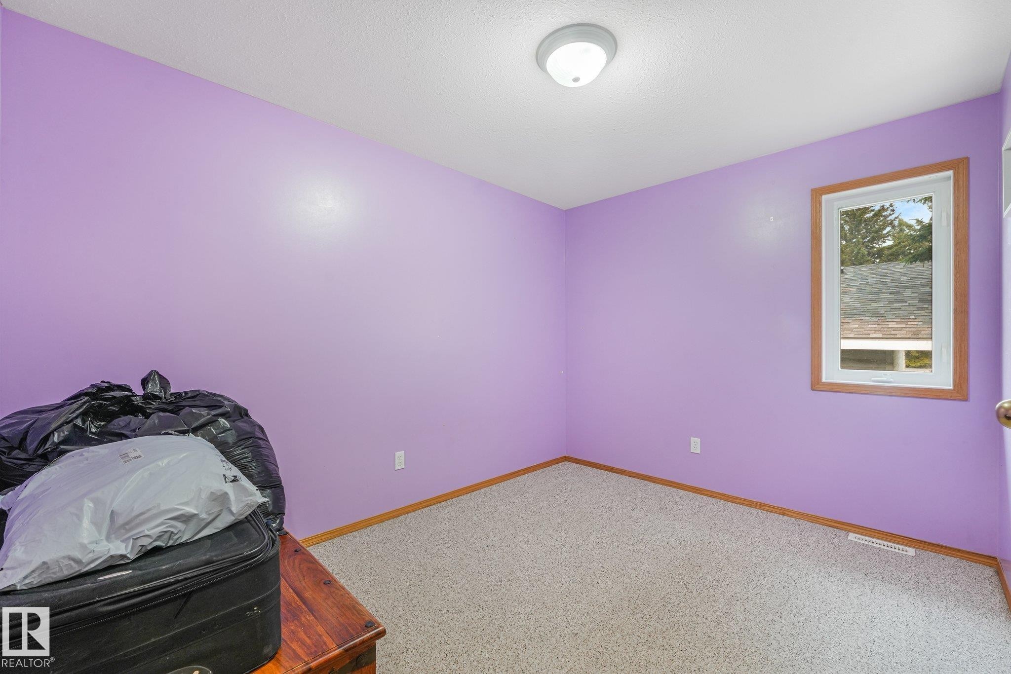 Carpeted room featuring a single window with wood-trim framing, a flush-mount ceiling light fixture, and wood baseboards - 54 Buskmose Dr, Rural Wetaskiwin County, AB - Indoor Photo Showing Other Room