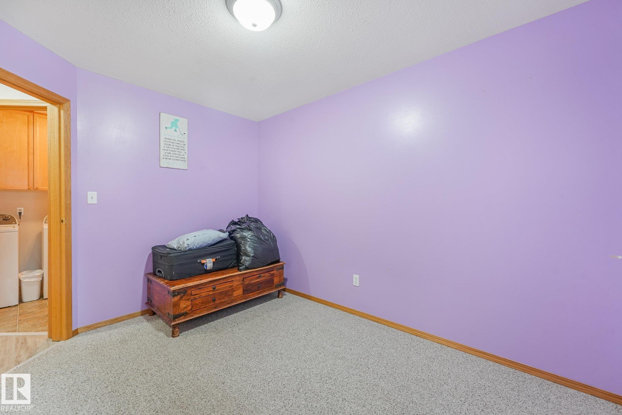 Room featuring purple wall paint, light-colored carpet, wood-finish baseboards, and a flush-mount ceiling light fixture - 54 Buskmose Dr, Rural Wetaskiwin County, AB - Indoor