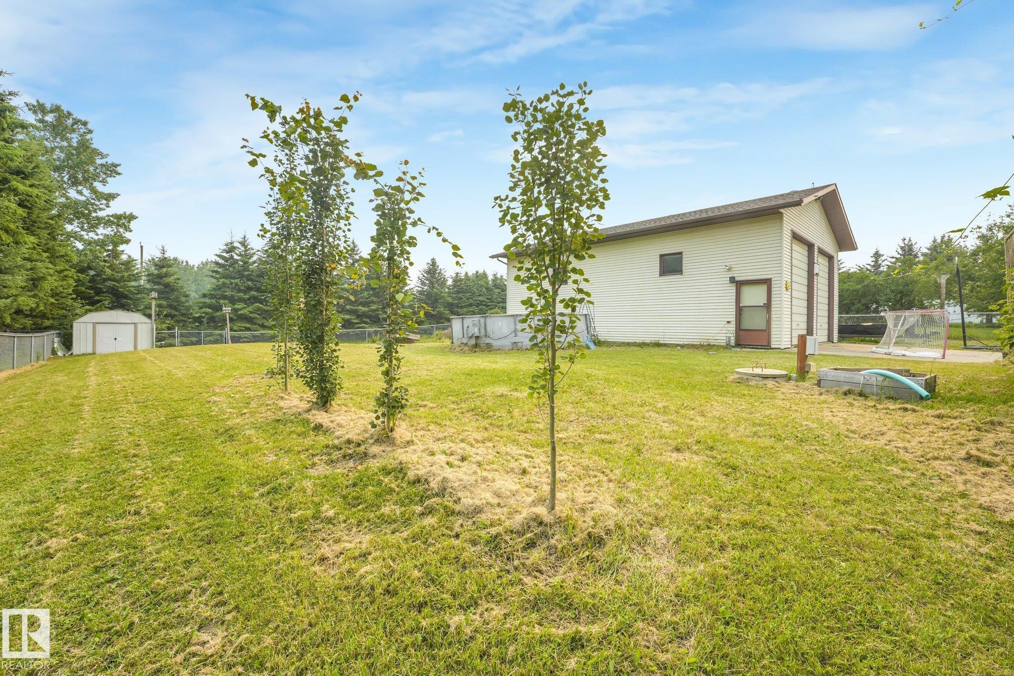 Spacious backyard with mature perimeter trees and a detached white storage shed - 54 Buskmose Dr, Rural Wetaskiwin County, AB - Outdoor