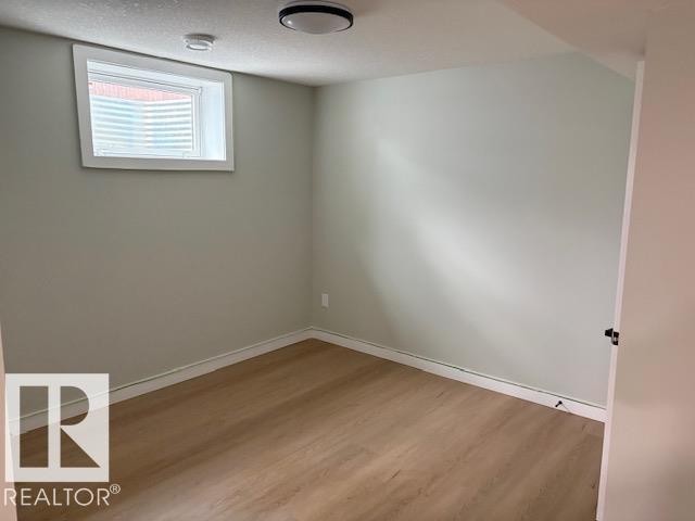 Neutral wall paint, wood-finish flooring, white window trim, and a ceiling-mounted light fixture - 13812 63 Street Nw, Edmonton, AB