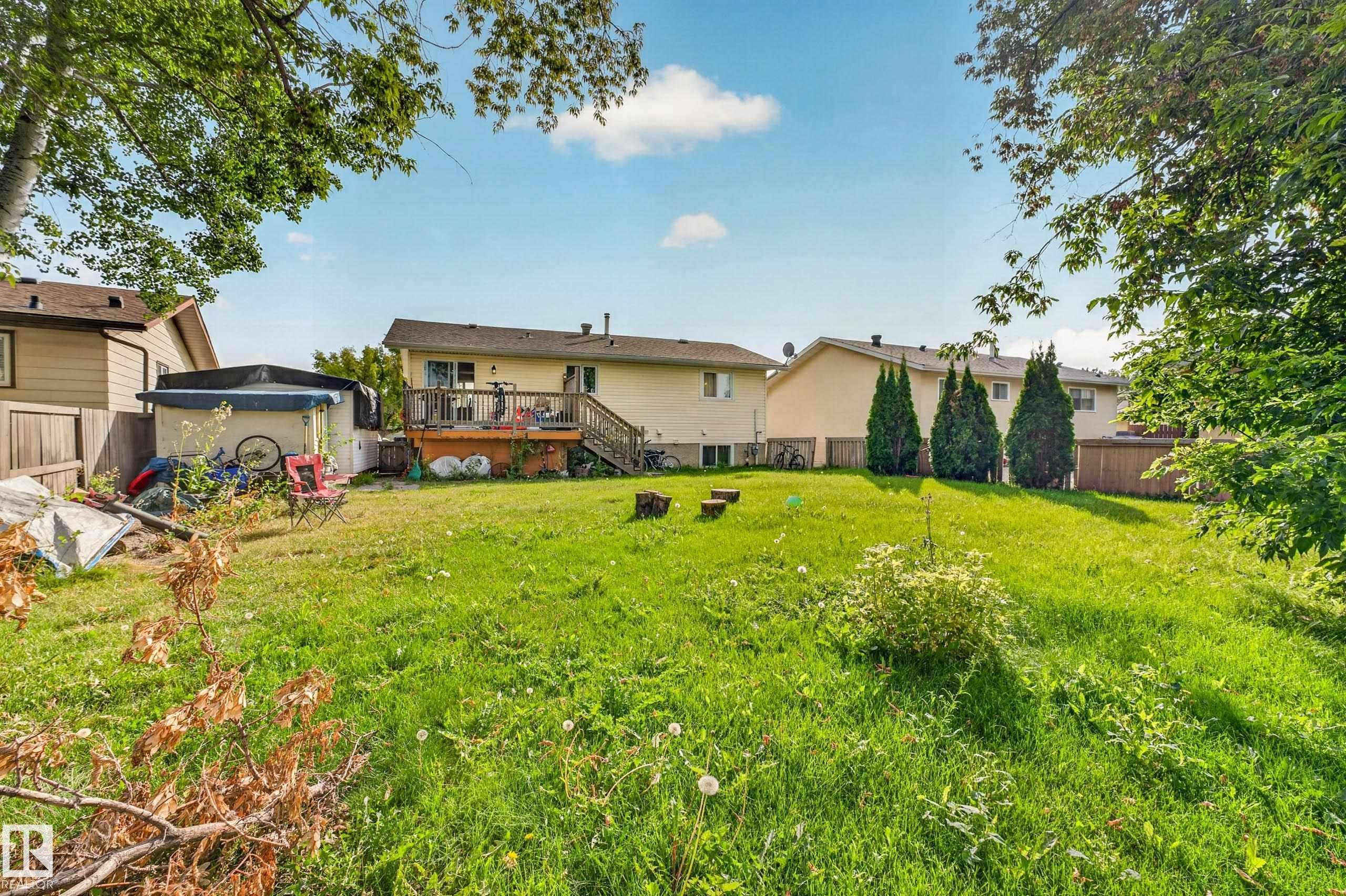 Expansive backyard featuring a lush lawn, mature trees, and a raised wooden deck with railings - 2412 80 Street Nw, Edmonton, AB