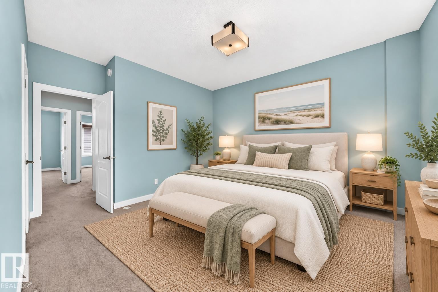 Recessed ceilings, neutral carpet flooring, light blue wall paint, white trim, and a contemporary flush mount light fixture - #56 804 Welsh Dr Sw, Edmonton, AB