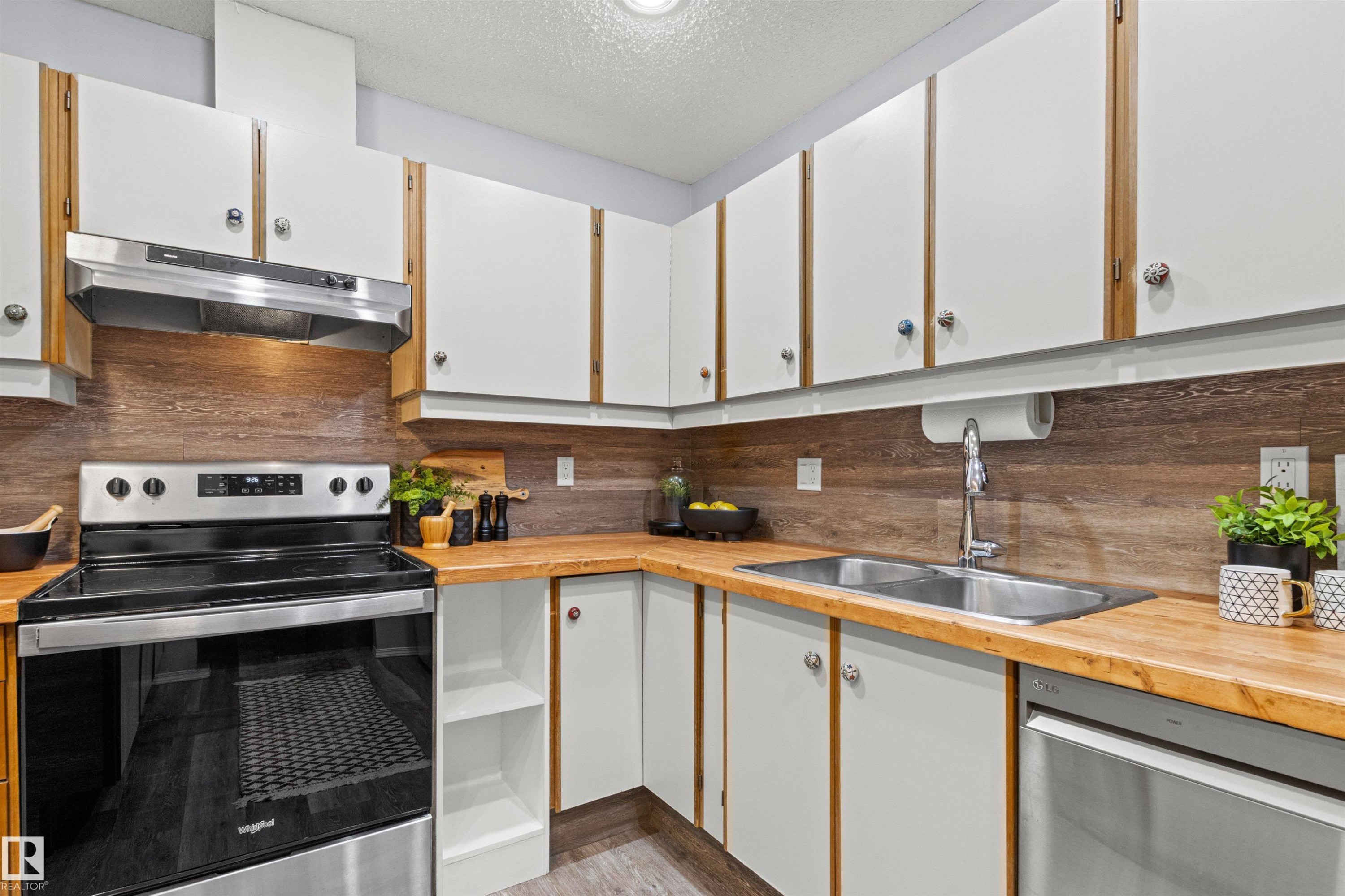 White upper and lower cabinetry, wood-finish countertops, stainless steel appliances, wood-finish backsplash, and a double basin sink - #7 10032 113 St Nw, Edmonton, AB