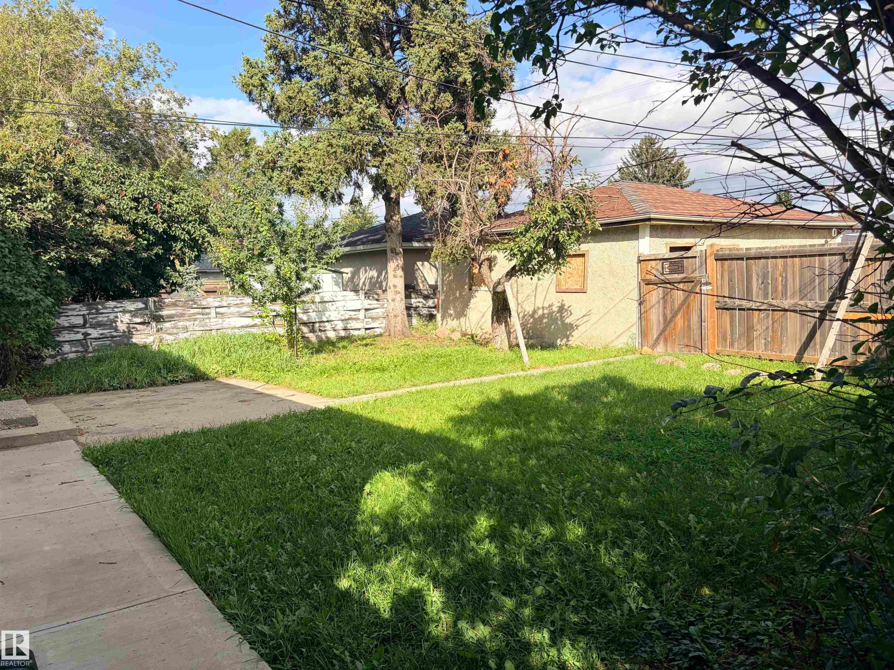Expansive backyard featuring a concrete patio, a manicured lawn, and mature trees - 13219 107 Street Nw, Edmonton, AB