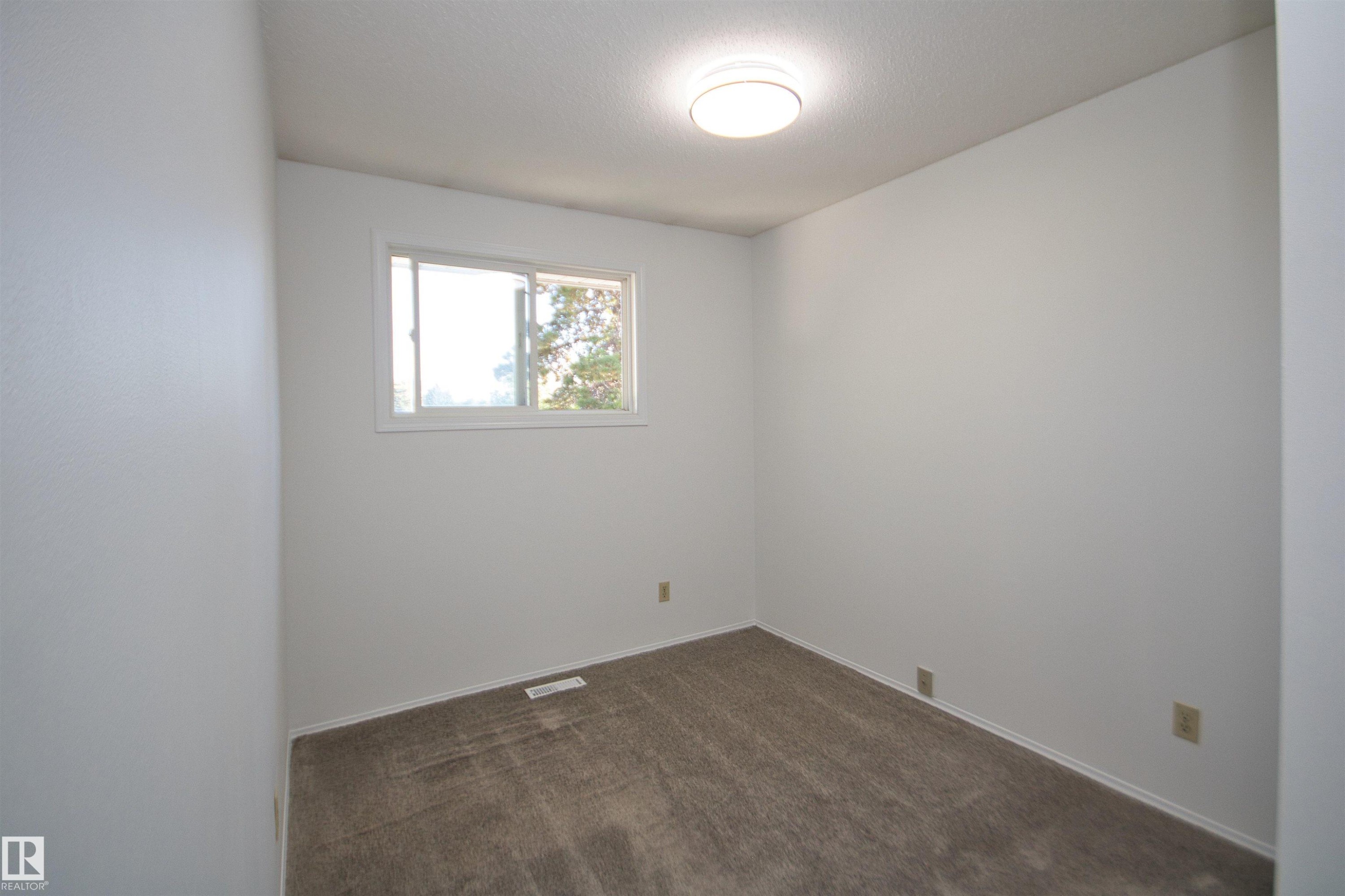 Neutral wall finishes, light-toned carpeting, and a flush-mount ceiling light fixture - 7743 37 Avenue Nw, Edmonton, AB