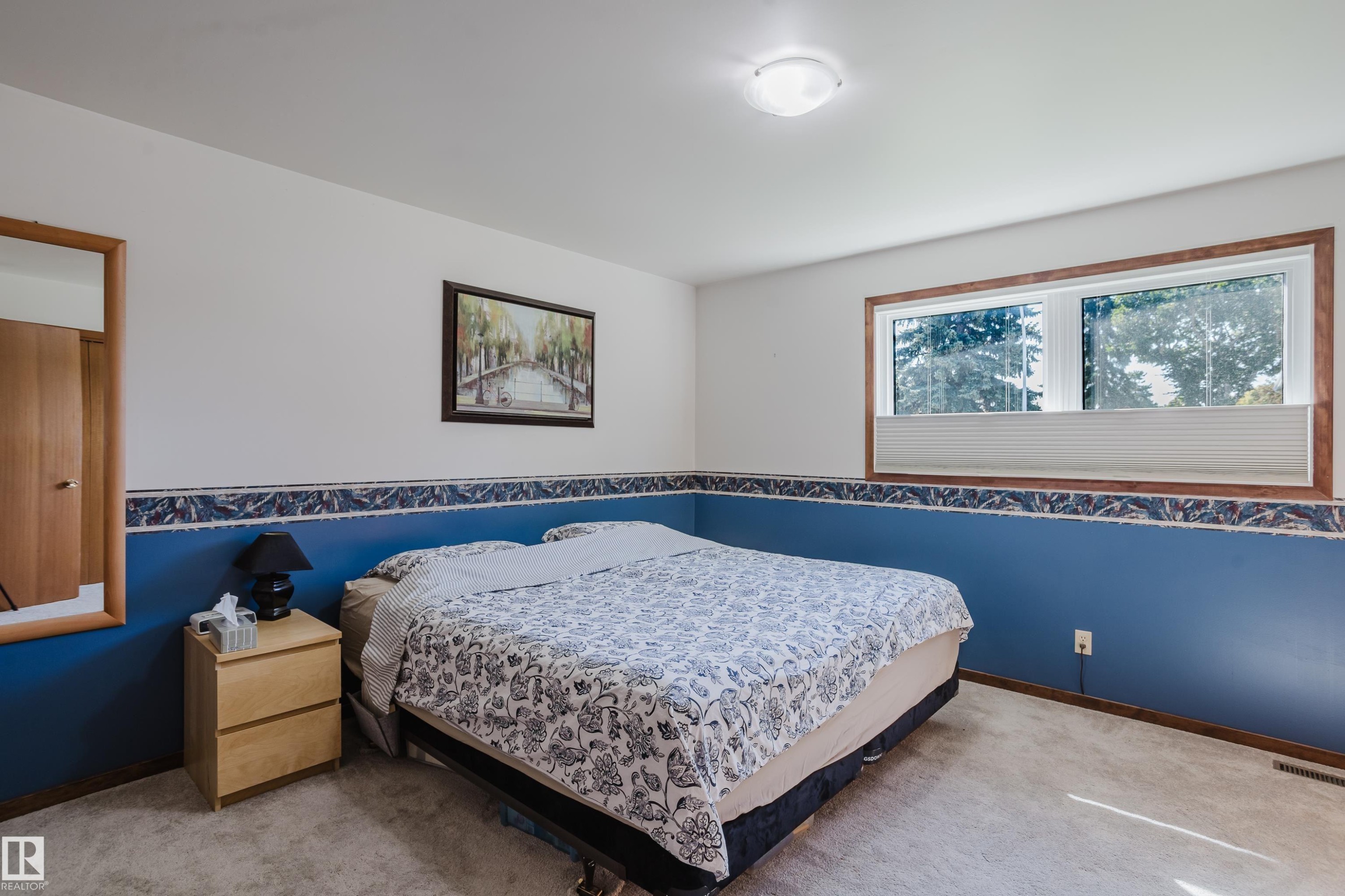 White walls with a blue lower half, framed window, and carpeted flooring - 10924 35A Avenue Nw, Edmonton, AB