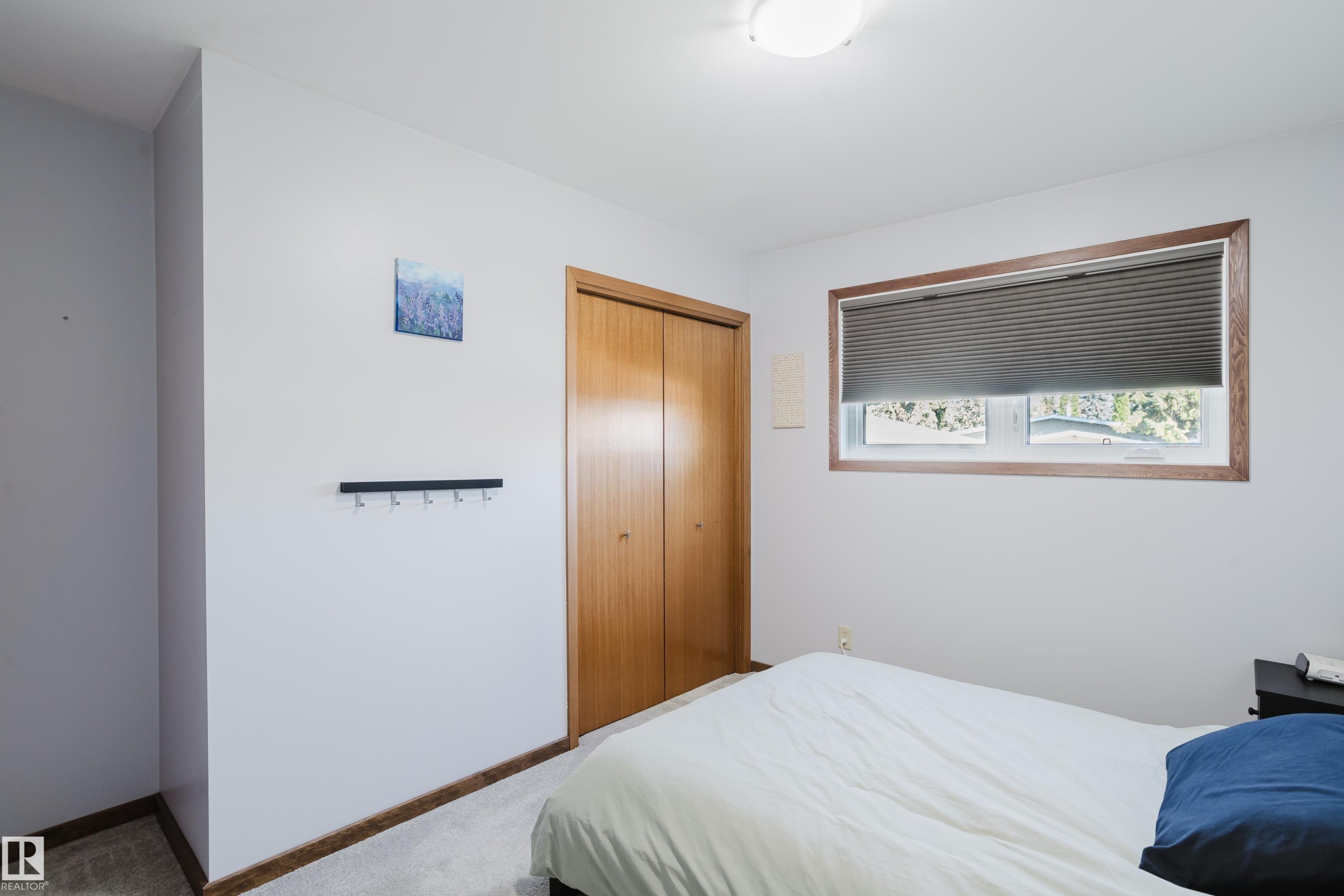 Carpeted flooring, wood-finish bi-fold closet doors, wood-frame window, and ceiling-mounted light fixture - 10924 35A Avenue Nw, Edmonton, AB