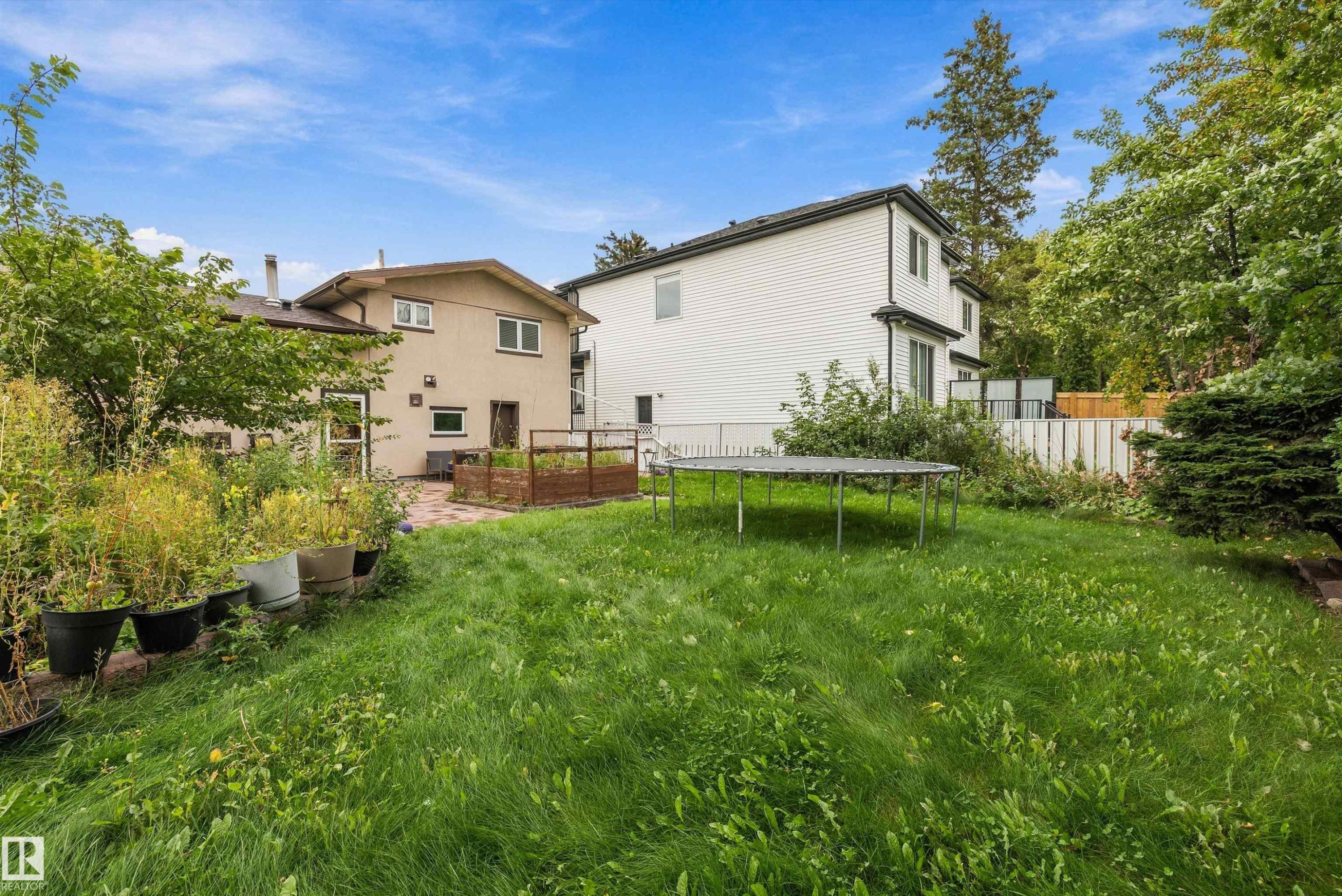 Expansive grassy yard with mature trees and a fenced perimeter - 10621 60A Avenue Nw, Edmonton, AB