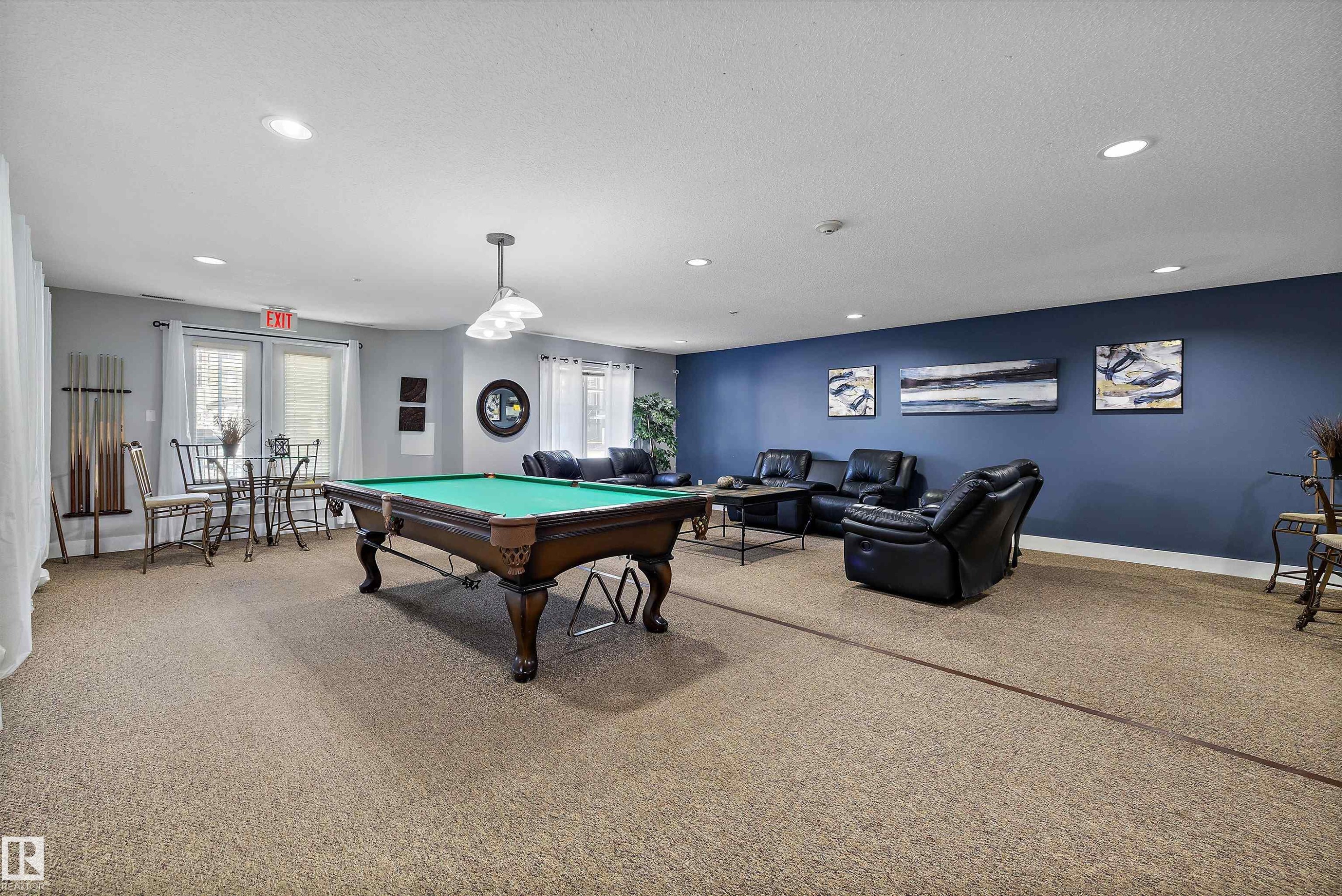 Recreation room featuring a pool table, recessed lighting, and a neutral carpeted floor - #353 2096 Blackmud Creek Dr Sw, Edmonton, AB - Indoor Photo Showing Other Room