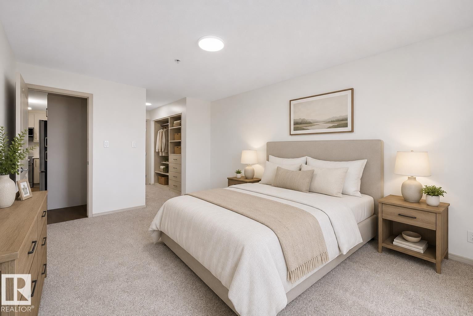 Carpeted bedroom with a built-in closet system featuring shelving and drawers (virtually staged) - #353 2096 Blackmud Creek Dr Sw, Edmonton, AB - Indoor Photo Showing Bedroom